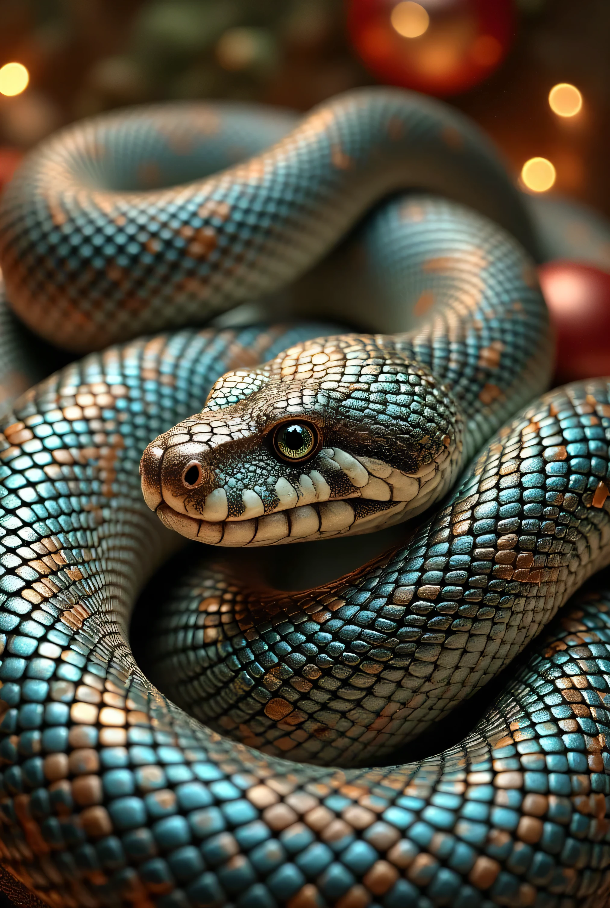 An extreme close-up of a snake's intricate scales, showcasing highly detailed textures and patterns. The snake's skin glistens under soft, diffused lighting, highlighting the natural iridescence and fine details of each scale. The background is blurred, with subtle hints of golden and red tones to evoke a festive, New Year atmosphere. Photorealistic style, perfect for stock photography, with a focus on texture, lighting, and the symbolic connection to the Year of the Snake.