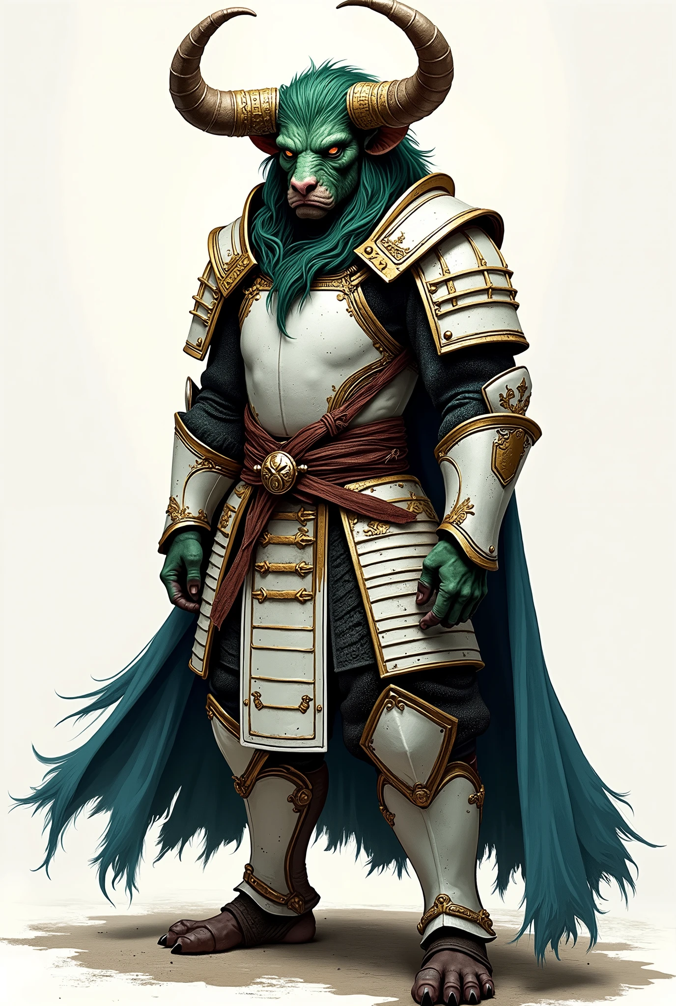 I want you to create this minotaur. He has horns pointing forward, he is a minotaur with dark green fur, and he wears a white samurai armor with gold details and white metal, his eyes are black and pulled like those of an oriental, his skin is brown, his horns are pointed forward almost as if he were horizontal, and you can illustrate him full body, and with a blue cape.