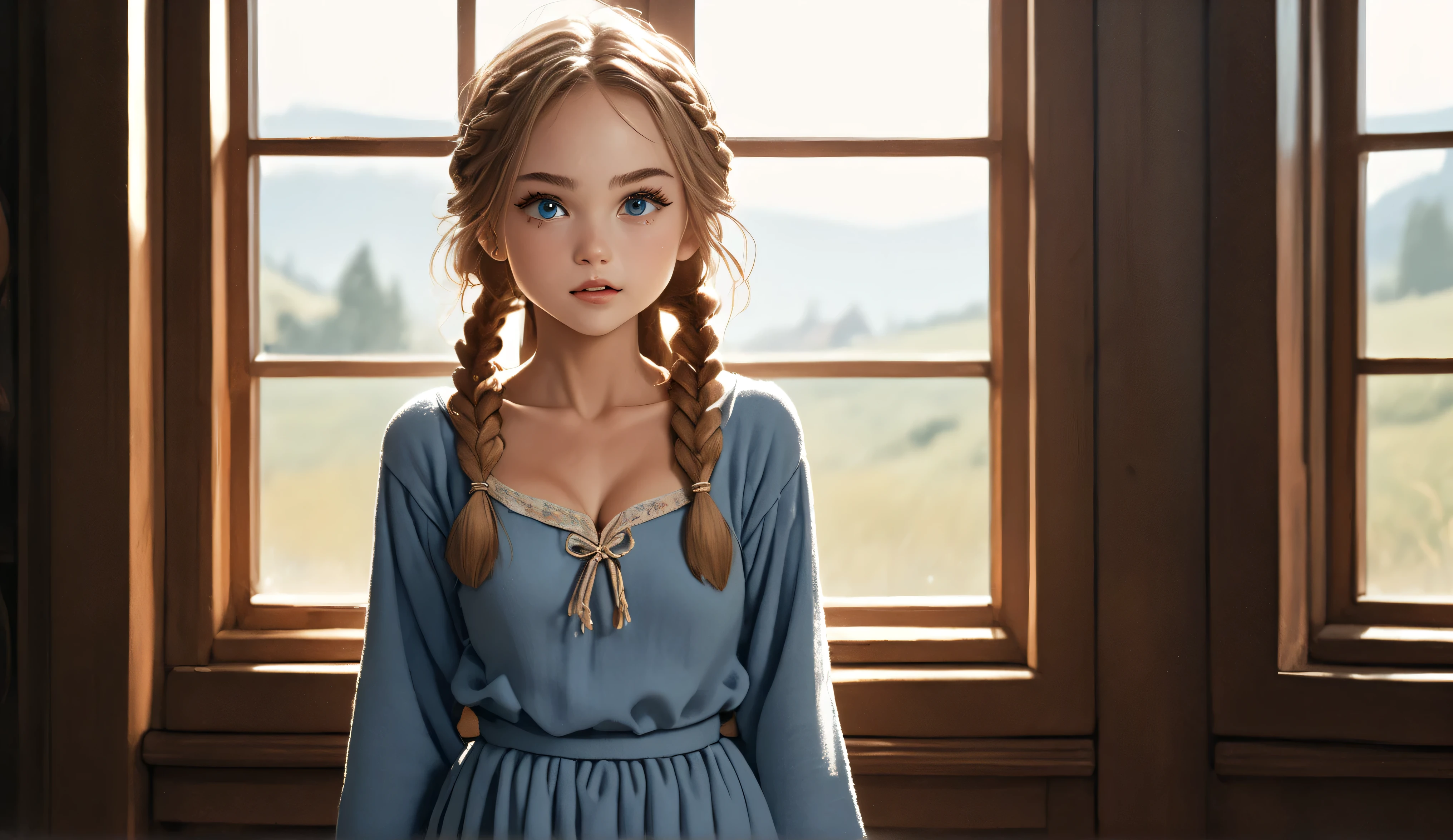 Masterpiece, Hi-detailed, best quality, 8K, (realistic:1.2), ((single girl, solo, only one girl)), standing, ((servant girl)), ((loli)), ((makeup)), ((long eyelashes, mascara, eyeliner)), ((girl standing looking out of the window)), ((welcoming you home, excited for you)), (wanting to embrace you), ((cute, young, 15yr)), (tall and lanky), (Skinny), (thin frame), (fit, body), (feminine body), (small braids in her hair), (medium breasts, round breasts), ((peasant clothes)), ((extremely revealing)), cleavage, beautiful, perfect face, perfect body, large eyes, blue eyes, standing looking at a beautiful vista, Middle Ages, Fantasy,