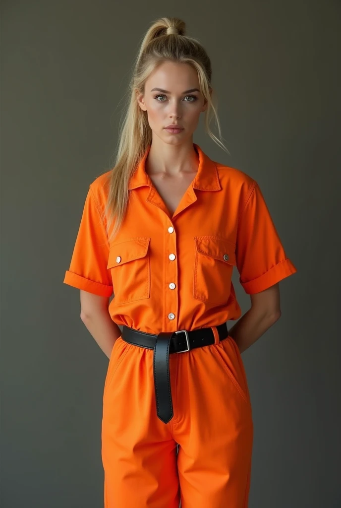Frontal photograph of a beautiful young model with long a blonde medium length pulled back ponytail hair wearing a sexy synthetic orange prisoner jumpsuit, inmate jumpsuit, button-up, sexy view, handcuffed, hands cuffed to her back, wearing a tight black stylish belt, high black boots, short sleeves, sexy pose, very attractive look, skinny, anorexia, 19 years old, thin and athletic body, (thin girl 1:5), short sleeves, supermodel face and body, brown eyes, long pants, hands at back, elastane synthetic orange prisoner jumpsuit, jumpsuit made of elastic silk, jumpsuit has 4 visible silver buttons, her belt is made of stylish leather, elastic silky jumpsuit, jumpsuit is not tight on body, perfect woman, slim, (large perfect round fake breasts:1.0), (perfect Hands), (blonde medium straight ponytail hair:1.2), (wasp waist:1.3), big heavy black stylish designer belt of leather, visible breast contours, light blonde hair, a lot of cringles and creases on the jumpsuit, light blonde hair, full body view, tops of her boots visible, sporty ponytail, short sleeves, sexy model pose, she is highlighting her but in her pose, no pockets, looking at viewer like she wants sex, 70's prisoner jumpsuit, 80's orange prison jumpsuit, 90's prisoner jumpsuit, Soviet orange prison jumpsuit, hands handcuffed, handcuffed, handcuffs on her wrists, hands at back, hands cuffed to her back, hands handcuffed to her back, full body view, knees visible, hands tied to her back, hands handcuffed to her back, hands cuffed to her back, sexy pants, pants looking sexy on her legs, sporty style ponytail, picture starting from her knees, jumpsuit made of elastic silky spandex, very sexy pose, pointing out her ass