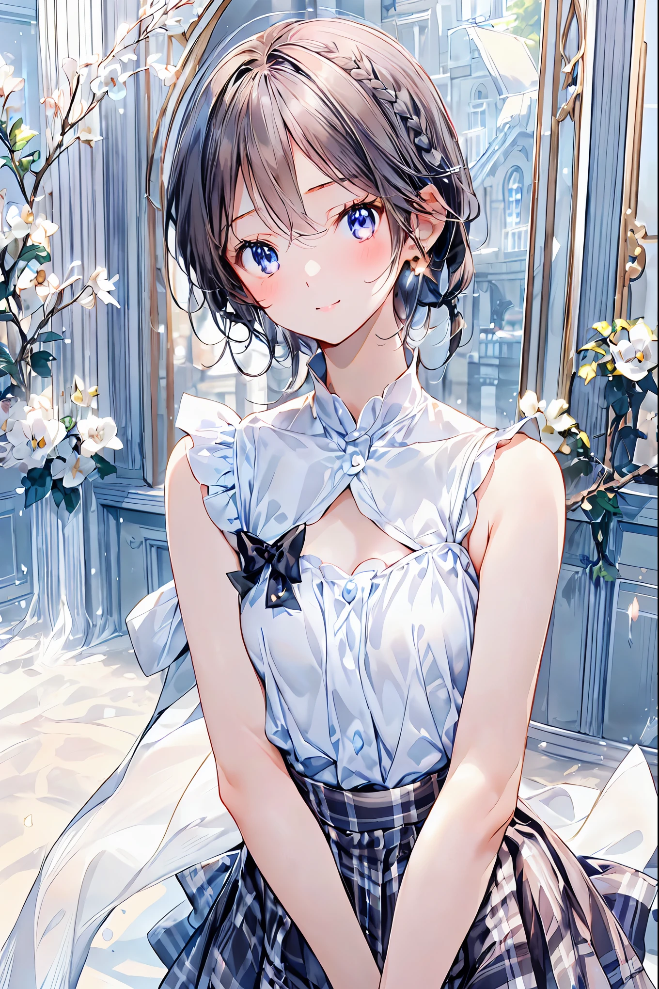 for lightss, for lights , beautiful face detail, is cute , You can see a very detailed face wearing full nudity 、 Standing Posture 、 dark brown eyes,(背の低い is cute ,Young student,Young and delicate girl),( Masterpiece , for lightss, for lights ), black hair, plaid black skirt , sleeveless、 tea hair, shortcuts , messy hair , short braided hair , Neat , slender beauty ,Dignified posture, small breasts , Her charming gray-blue eyes shine like stars {x}, bright color , beautiful eyes ,A delicate smile, textured skin, best quality 、The best , A humorous parody of a gentle and beautiful woman , anime style 、