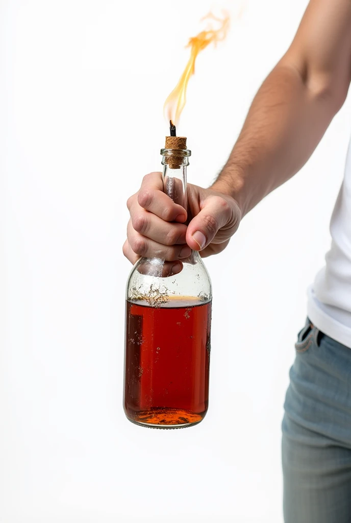 Molotov cocktail in hand on a white background