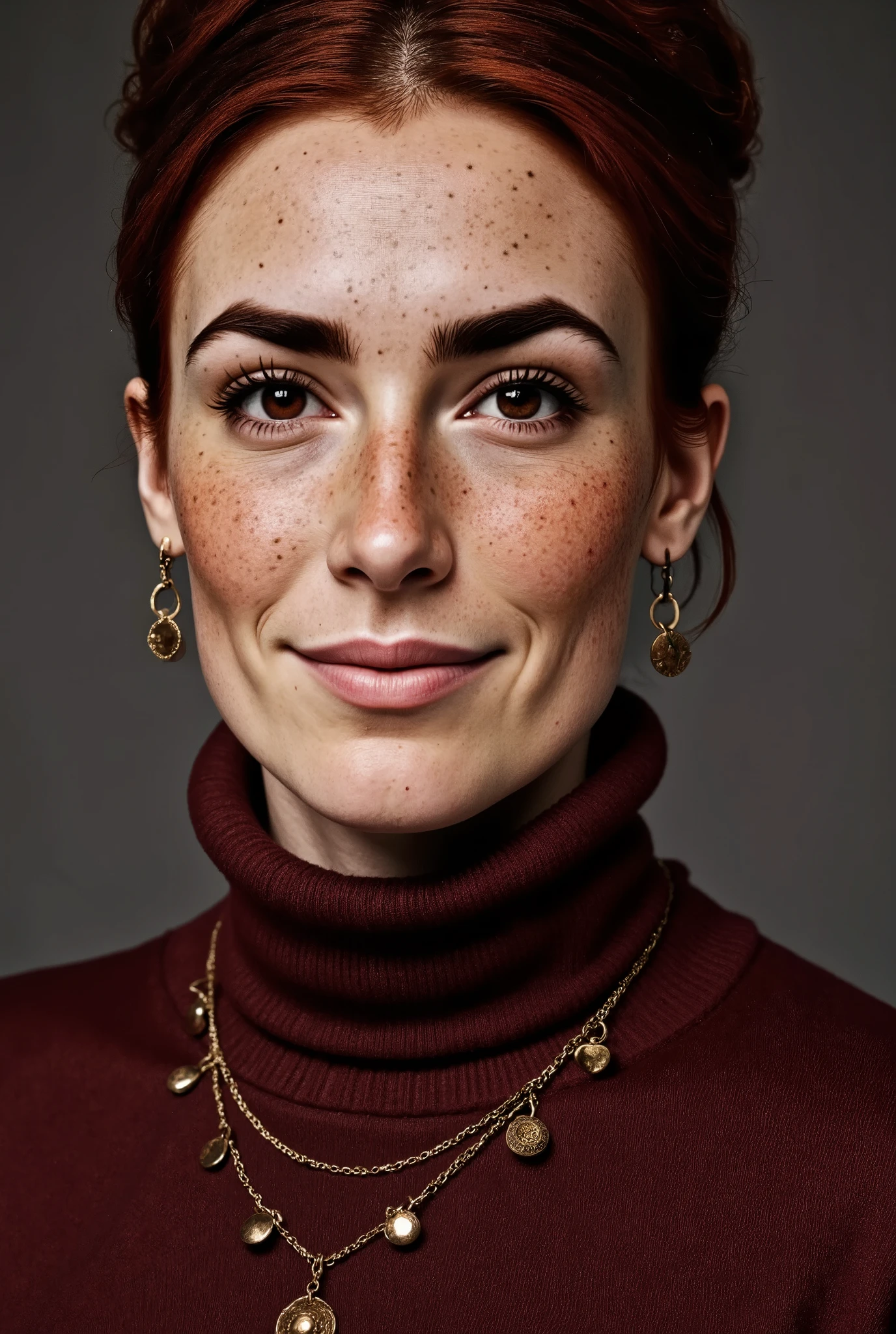 Photorealistic picture, cinematic style, close-up picture. a beautiful British woman smiling. She has Brown eyes, downturned eye shape, light skin and freckles, gathered up hairstyle. Dark red turtleneck sweater. Large bronze necklace. perfect hand,HDR, intricate details.