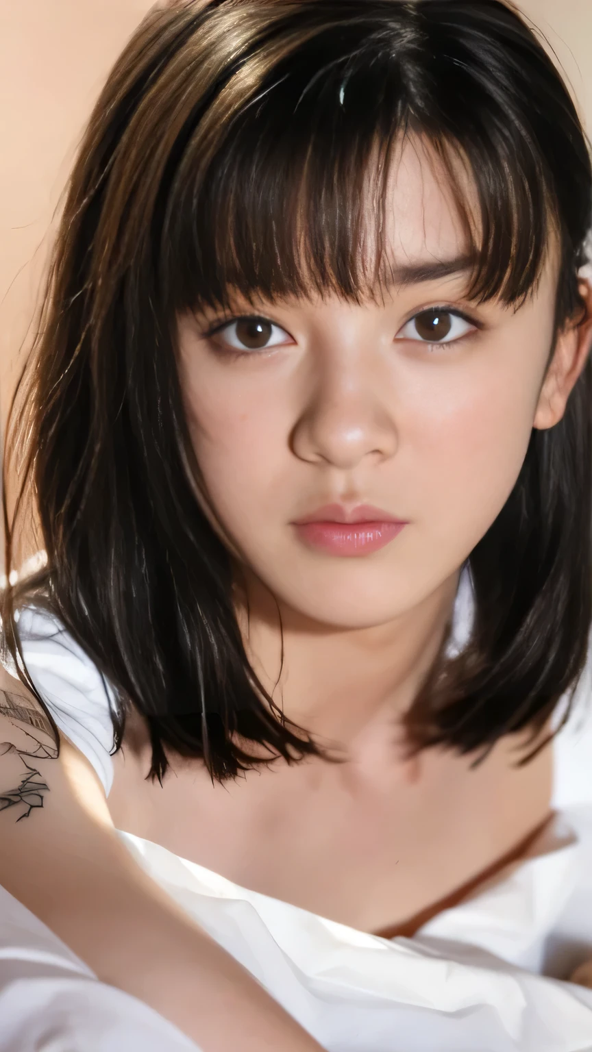 (In 8K、RAW shooting、 best quality 、 Masseter area :1.2)、 ultra detail、 Ultra Fine、( realistic 、 realistic photos:1.37)、 portrait 、 high resolution RAW color photo 、 professional photography、h very detailedな and beautiful、 very detailedな、8k portrait wallpaper、 very detailed、 file size is large、 Official Art、H very detailedな CG Unity 8K wallpapers、h very detailedな beautiful girl、 very detailedな顔、 very detailedな目、 very detailed skin 、 very detailedな指、h very detailedな nose、 very detailedな口、 COMPLETE ANATOMY 、 detailed background 、Detailed clothing、 1 girl、(20:1.2)、30th Generation、 is cute 、 realistic body、、 white skin、 Glowing Skin、 slender body 、 black hair、(( medium hair with visible tattoos))、( trimmed bangs: 1.5)、((Firm B-cup chest ))、(( exposed nipples;1.5))、(( sad expression :1.5))、