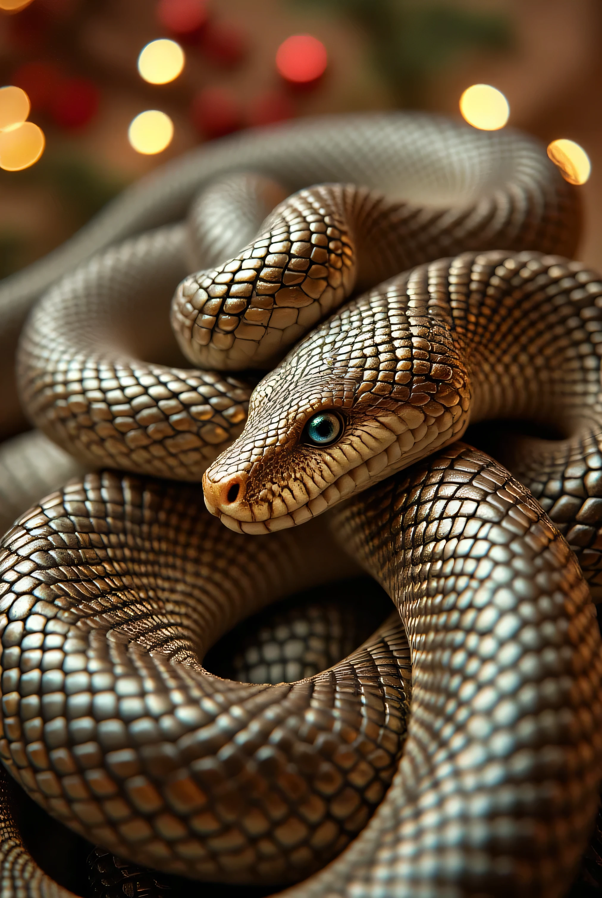 An extreme close-up of a snake's intricate scales, showcasing highly detailed textures and patterns. The snake's skin glistens under soft, diffused lighting, highlighting the natural iridescence and fine details of each scale. The background is blurred, with subtle hints of golden and red tones to evoke a festive, New Year atmosphere. Photorealistic style, perfect for stock photography, with a focus on texture, lighting, and the symbolic connection to the Year of the Snake.((Only show sneak body))