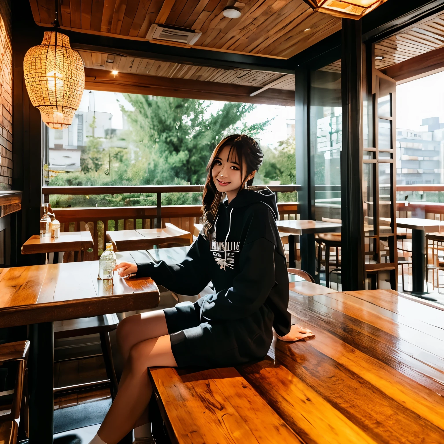 "A highly detailed anime-style illustration of a young woman sitting confidently on a wooden table in a cozy bar setting. She is wearing a sporty hoodie with the labels 'EVER GARDEN' and 'KMCI' prominently displayed on the front and sleeves. Her hair is styled in a sleek ponytail, and her pose is casual, with one knee raised. The bar background features bottles, sunlight streaming through the windows, and a warm, vibrant atmosphere that enhances the modern and stylish aesthetic."