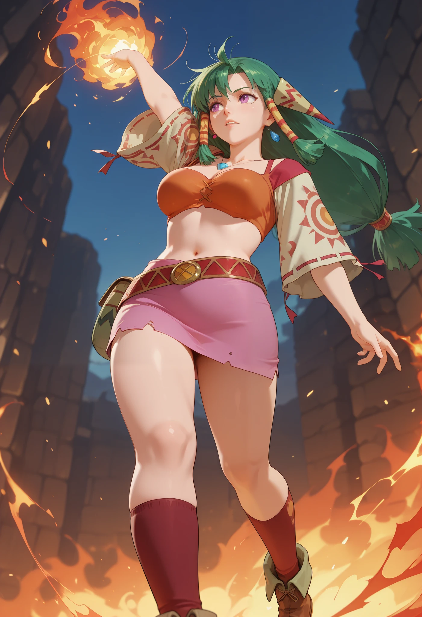 26 yo, face look alike to feena from \(Grandia\), Beautiful Mature young milf, eyesHD, high gradient eyes, detailed eyes, high definition eyes,(mature woman with lean perfection abdomen), sweet expression - confidently chanting a spell, large natural breasts, Curvy body, (outdoor-casting a magic fire spell on her both open palm hands - ready to fight a pack of monsters in fantasy classic Grandia settings), battle stance, solo, 1girl, BREAK, She wears an orange bra top that leaves her abdomen exposed, paired with a small short pink skirt held up by a thin red belt. Covering her arms is a tan-colored shawl adorned patterns on both sleeves. Her long green hair flows down her back, with some sections tied through two patterned hair accessories. She completes her ensemble with ripped red socks that extend past her knees and brown shoes featuring tribal patterns similar to those on her belt and shawl, official arts, dynamic jrpg view, (cinematic dynamic angles), fantastic fantasy vibrant background, fighting orcs kobolds goblins monsters, 