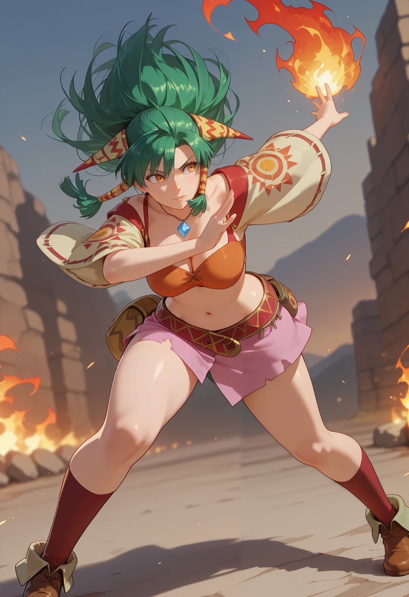 26 yo, face look alike to feena from \(Grandia\), Beautiful Mature young milf, eyesHD, high gradient eyes, detailed eyes, high definition eyes,(mature woman with lean perfection abdomen), sweet expression - confidently chanting a spell, large natural breasts, Curvy body, (outdoor-casting a magic fire spell on her both open palm hands - ready to fight a pack of monsters in fantasy classic Grandia settings), battle stance, solo, 1girl, BREAK, She wears an orange bra top that leaves her abdomen exposed, paired with a small short pink skirt held up by a thin red belt. Covering her arms is a tan-colored shawl adorned patterns on both sleeves. Her long green hair flows down her back, with some sections tied through two patterned hair accessories. She completes her ensemble with ripped red socks that extend past her knees and brown shoes featuring tribal patterns similar to those on her belt and shawl, official arts, dynamic jrpg view, (cinematic dynamic angles), fantastic fantasy vibrant background, fighting orcs kobolds goblins monsters, 
