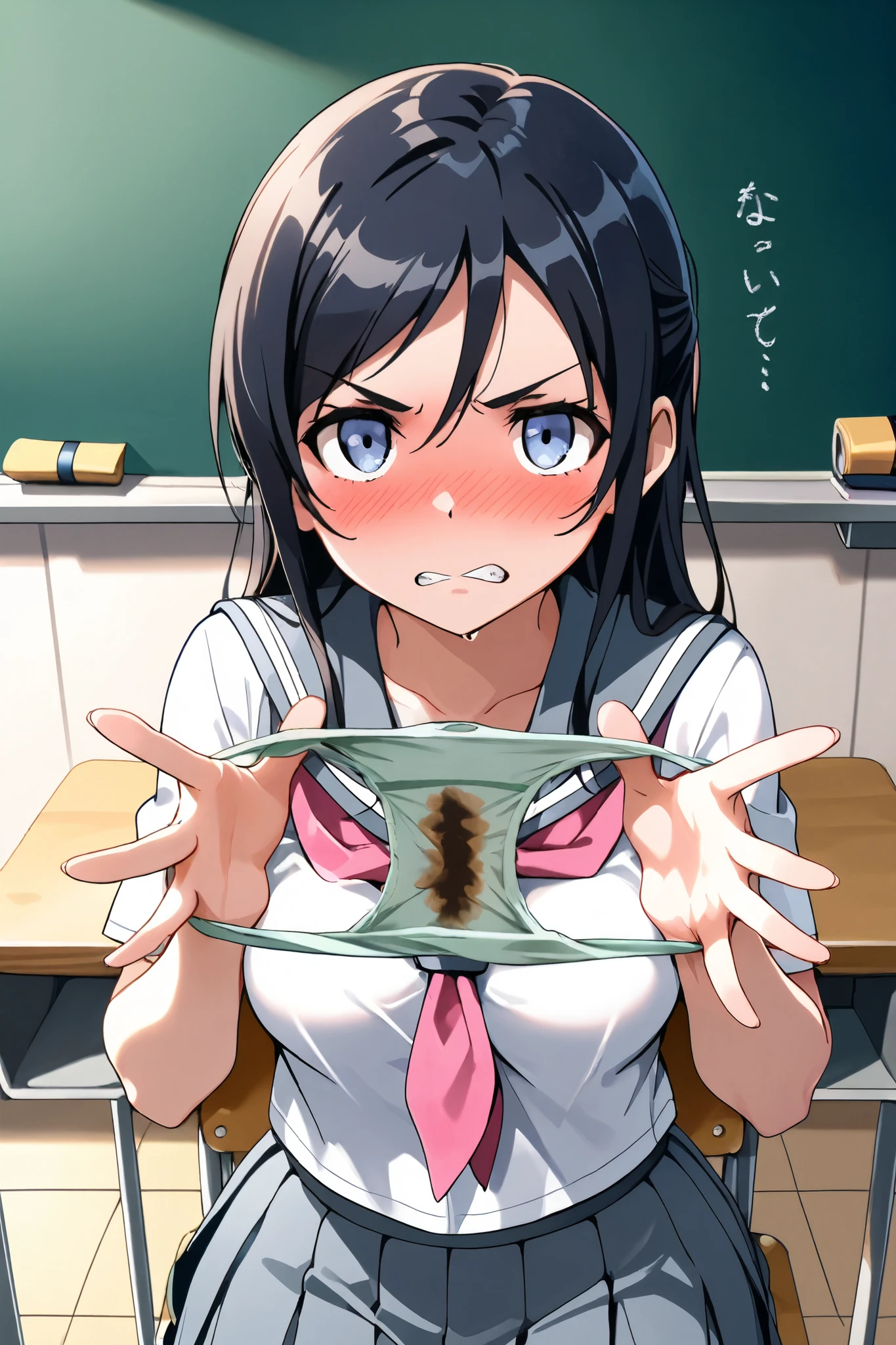 ayase_aragaki,1 female,solo,
I_,wet black hair,long hair,half updo,hair between eyes,blue eyes,extreme close-up,
spread your panties with your hands,unweared panties,dirty panties,
very angry,drunk,incontinence,Contempt,
discomfort,
anime,looking at viewer,classroom,school desk,school chair,chalkboard,
skirt,school uniform,sailor suits,shirt, white shirt,grey sailor collar,grey skirt, pleated skirt,neckerchief,pink neckerchief,
High-resolution image,masterpiece,highest quality,large breasts,simple background,