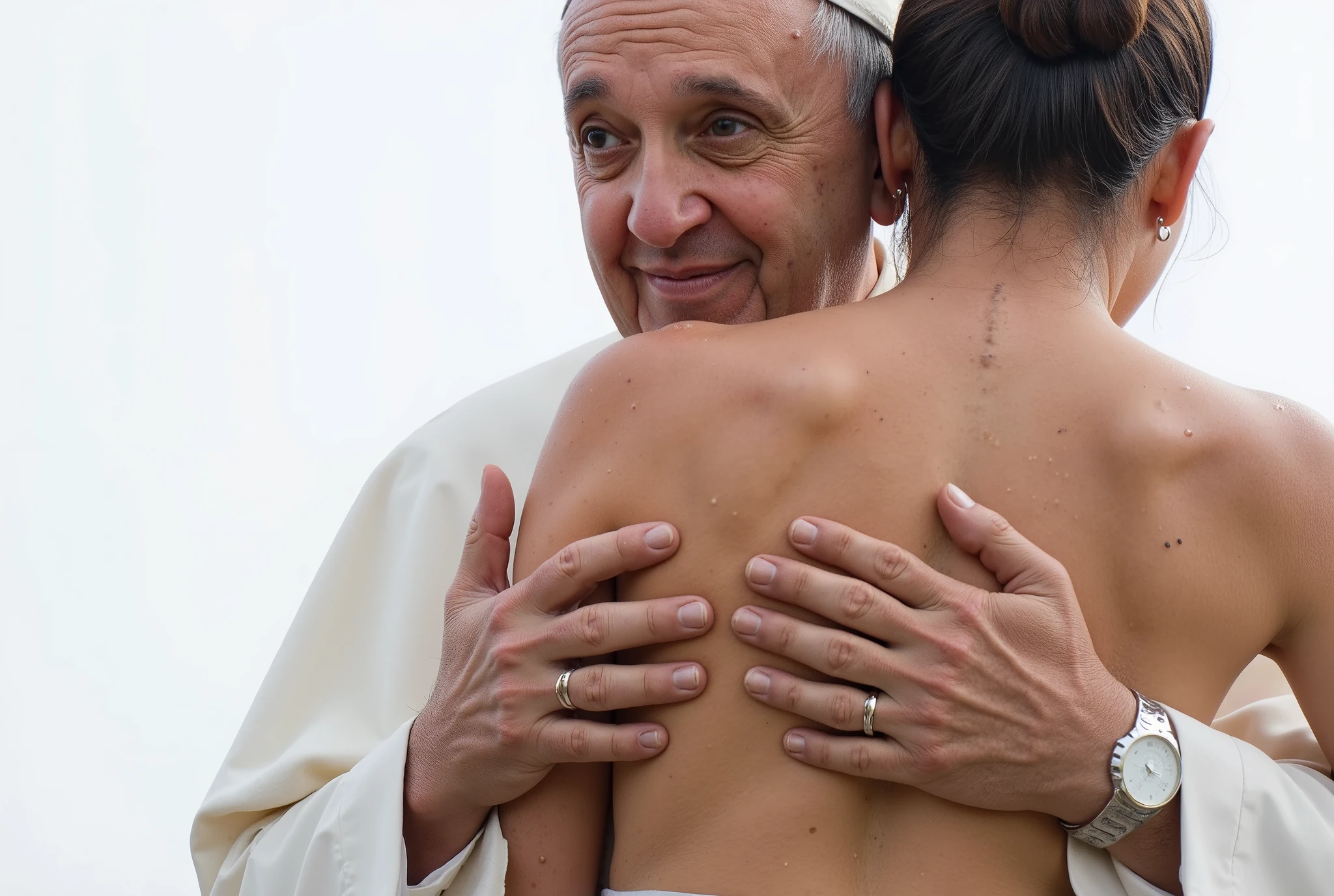((High definition, Masterpiece, 8k, Digital Photography, Digital Art)), ((Natural illumination)), contrast, white illumination, photorealistic "Pope Francis" (con un'espressione eccitata e lussuriosa), mouth saliva, papal silver cross necklace, holding in his arms an Hispanic woman in her 40's in a blazer and short skirt with stockings with lotion dripping from her legs. he holds woman with hands /(papal ring)/ under her thighs and ass.
popefluxlora, /[UHD, masterpiece, very detailed, sharp focus, ((skin marks, moles, smooth skin, real pores, moles on skin, stretch marks, natural skin:1.8)), textured skin, high details, high quality]/. wet skin, [damp skin, humid skin, wet skin, dank skin, uncooked skin, sodden skin, soggy skin, dewy skin, moisture skin, humidity skin, moistness skin, wetness skin].
wet hair, [damp hair,humid hair, wet hair, dank hair,uncooked hair,sodden hair,soggy hair, dewy hair,moisture hair,humidity hair,moistness hair,wetness hair].