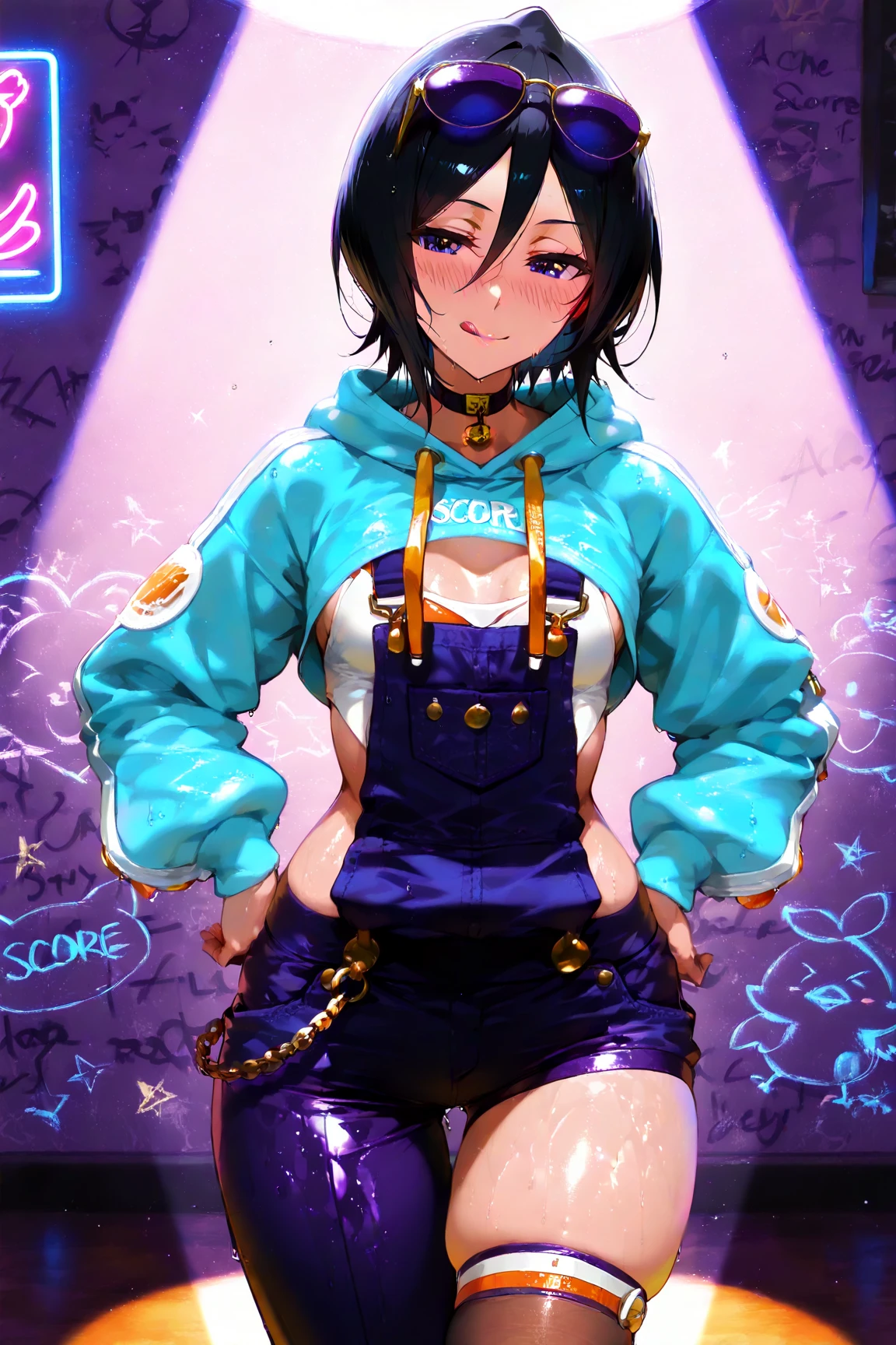 masterpiece, best quality, 1girl, solo, choker, (graffiti:1.5), paint splatter, against wall, looking back at viewer, paint on body, head tilt, bored, multicolored hair, aqua eyes, headset, no panties, no pants, hoodie, brown hair, blue eyes, realistic, large breasts, slim body