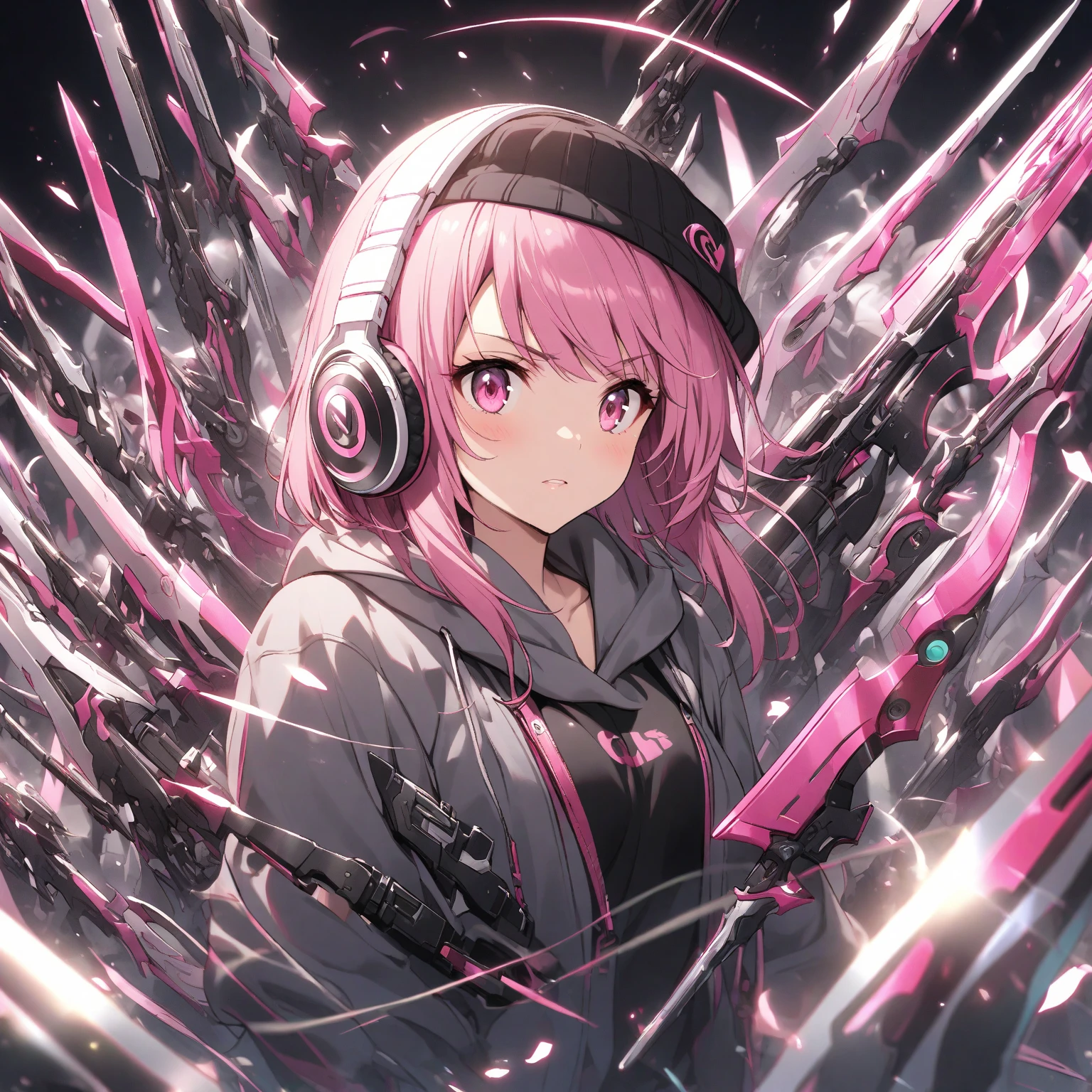 Anime. Young Girl with short pink hair and purple eyes. Wearing headphones. Modern dress style. A hacker. The background is just a dark color. She is very angry.