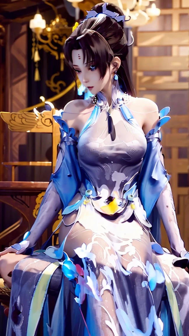 cheongsam,((whole body)), ((Sitting)), ((The hem is long, Sexy long legs)), ((Bare shoulders)),model, Young beautiful girl, Striking an elegant pose, Charming pose, Heat and cold, Beautiful and delicate eyes, Full breasts, slim body, Features, masterpiece, best quality, official art, Rich details, Clear face, Professional lighting, Physically based rendering, Necklace, Light makeup，Starry sky background，Sitting on the stars
