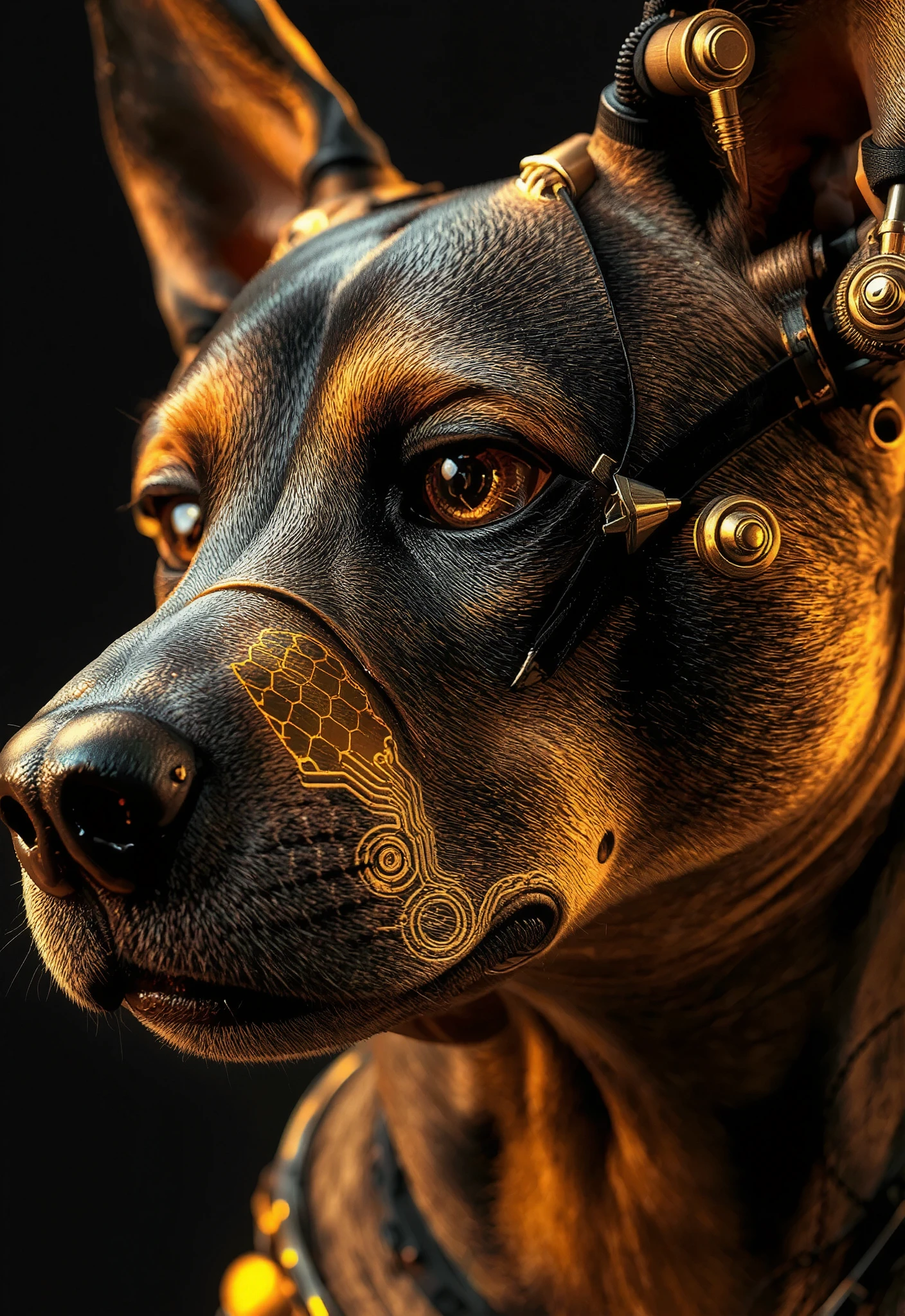((A close-up portrait side view look away of a cyberpunk dog with a hyper-realistic biomechanical face)). Detailed dog skin texture seamlessly integrated with futuristic mechanical implants . One large gold cybernetic eye with intricate patterns. smooth and reflective metallic details on her face. Lighting is warm and dynamic, highlighting every contour and texture. Futuristic and sci-fi atmosphere, highly detailed and realistic digital art. (Cyberpunk realism, Biomechanical details) (Dynamic lighting with neon highlights) (((glowing circuits, metallic implants))), (((black And gold theme)))