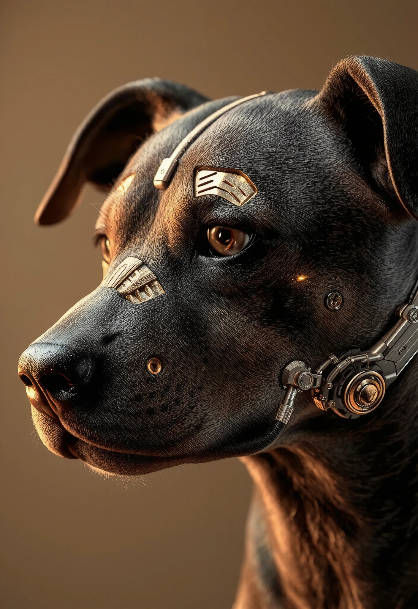 ((A close-up portrait side view look away of a cyberpunk dog with a hyper-realistic biomechanical face)). Detailed dog skin texture seamlessly integrated with futuristic mechanical implants . One large gold cybernetic eye with intricate patterns. smooth and reflective metallic details on her face. Lighting is warm and dynamic, highlighting every contour and texture. Futuristic and sci-fi atmosphere, highly detailed and realistic digital art. (Cyberpunk realism, Biomechanical details) (Dynamic lighting with neon highlights) (((glowing circuits, metallic implants))), (((black And gold theme)))