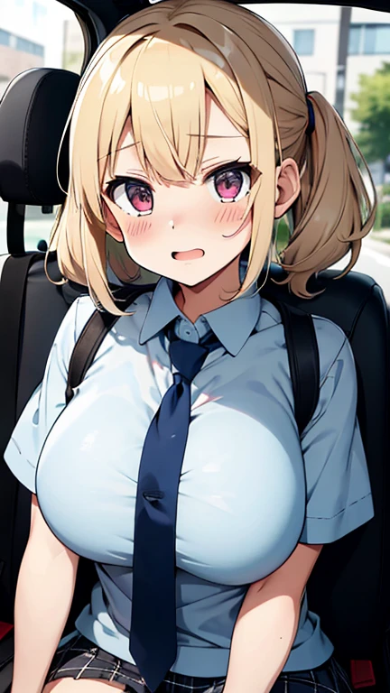 , long hair, purple eyes, blonde hair, bow,,  1girl, solo, large breasts., crying , nipple,　Expressway, Riding a bike