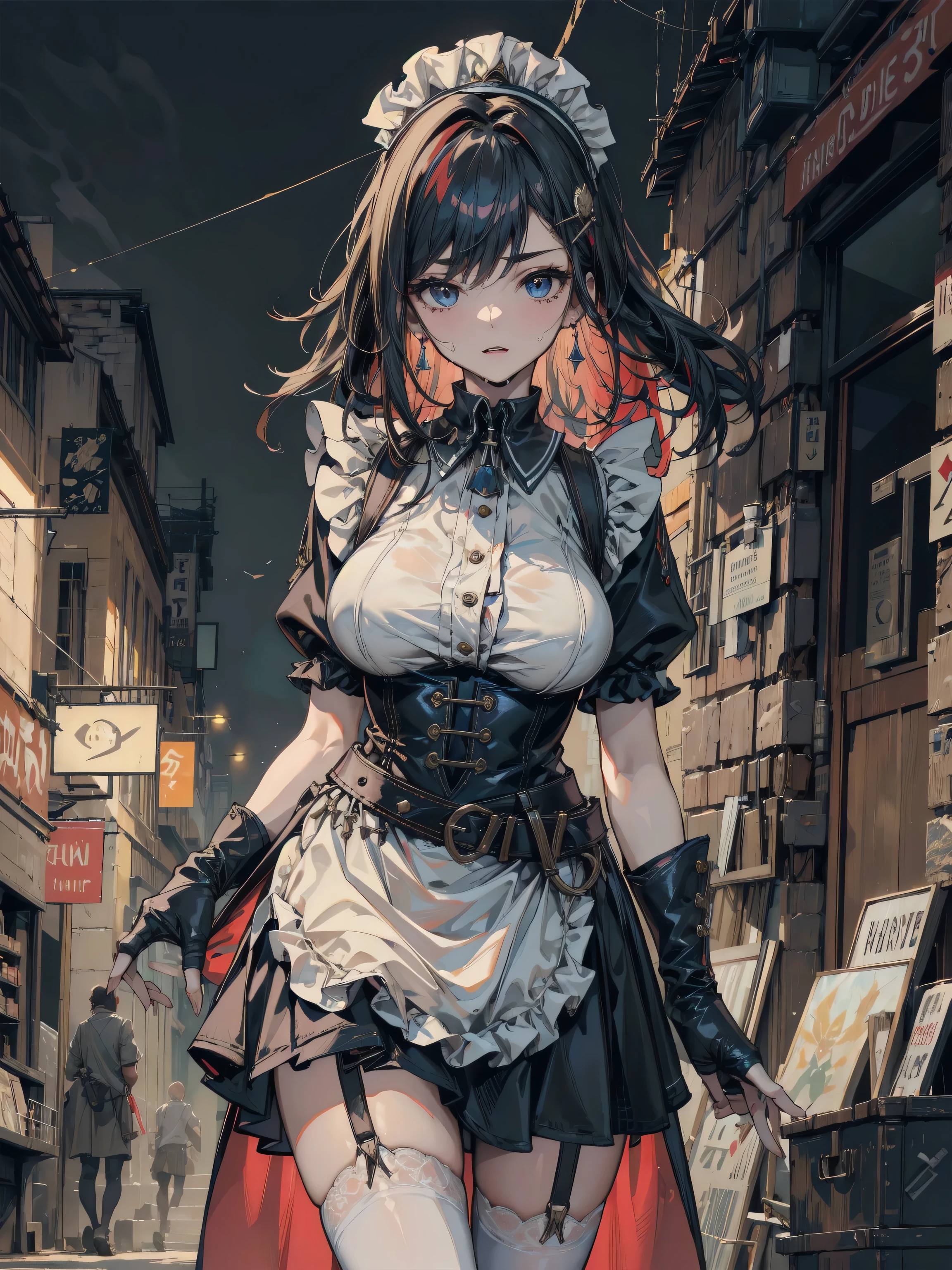 Located in the center,((looking at the camera in:1.2)),(nearing perfection:1.4),dynamic,smooth private parts,Focus sharp,lamplight,Artwork by Carne Griffiths and Wadim Kashin . Vibrant brushstrokes, bold colour,Be expressive, Emotional, offcial art,Unity8k wallpaper,ultra - detailed,Beautiful and beautiful,tmasterpiece,Best quality at best,1 girl,The content is very detailed,Beautiful eyes，cabelos preto e longos，short blouse，(ruffle short skirt)，student shoes，Chaos in its most beautiful form,Elegant,Fauvistdesign,vibrant with colors,((Corner store))，(natta，heavy rain)，