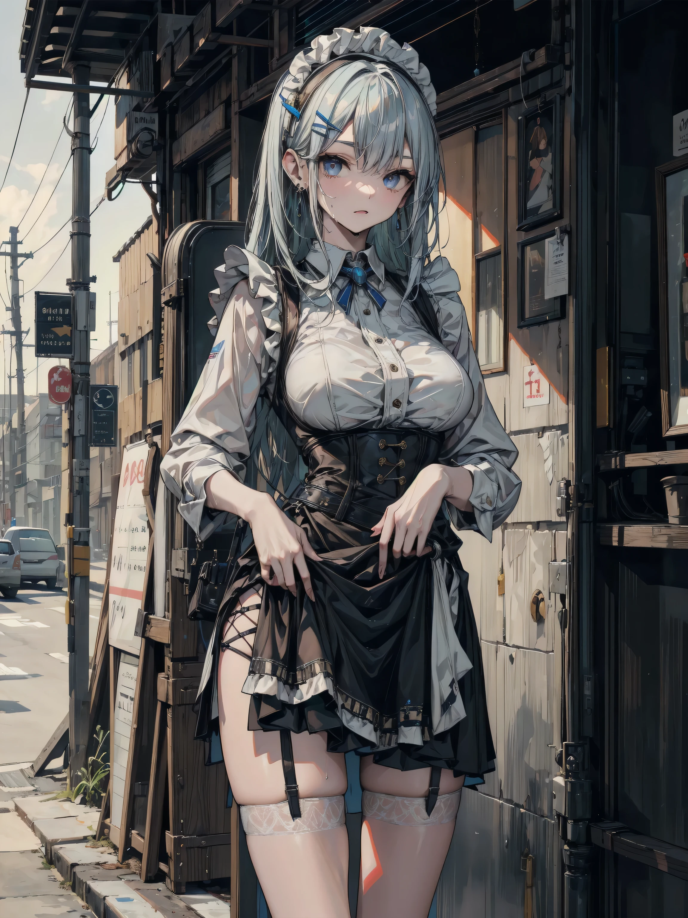 (masterpiece, highest quality, perfect anatomy, textile shading, gleaming skin, detailed skin)BREAK,
elie macdowell, green eyes, hairband, blue ascot, hair ribbon, long sleeves, belt, pantyhose, white boots, Large Breasts,
View your viewers,
City Street, Dark Back Alley, BREAK,
Mouth closed, cloud, (torn clothes:1.3),
nsfw,(one hand on chest, Lift up the skirt:1.4),(black panties visible:1.3),(pubic hair:1.2),(cameltoe:1.2),(love juice:0.7),
(frown:1.2),(angry:1.2),contemptuous, disdain,(hate:1.3),looking down, elegant, active angle, dynamism pose, Leaning against a wall,
outdoors, (embarrassed,nose blush:1.3),from below