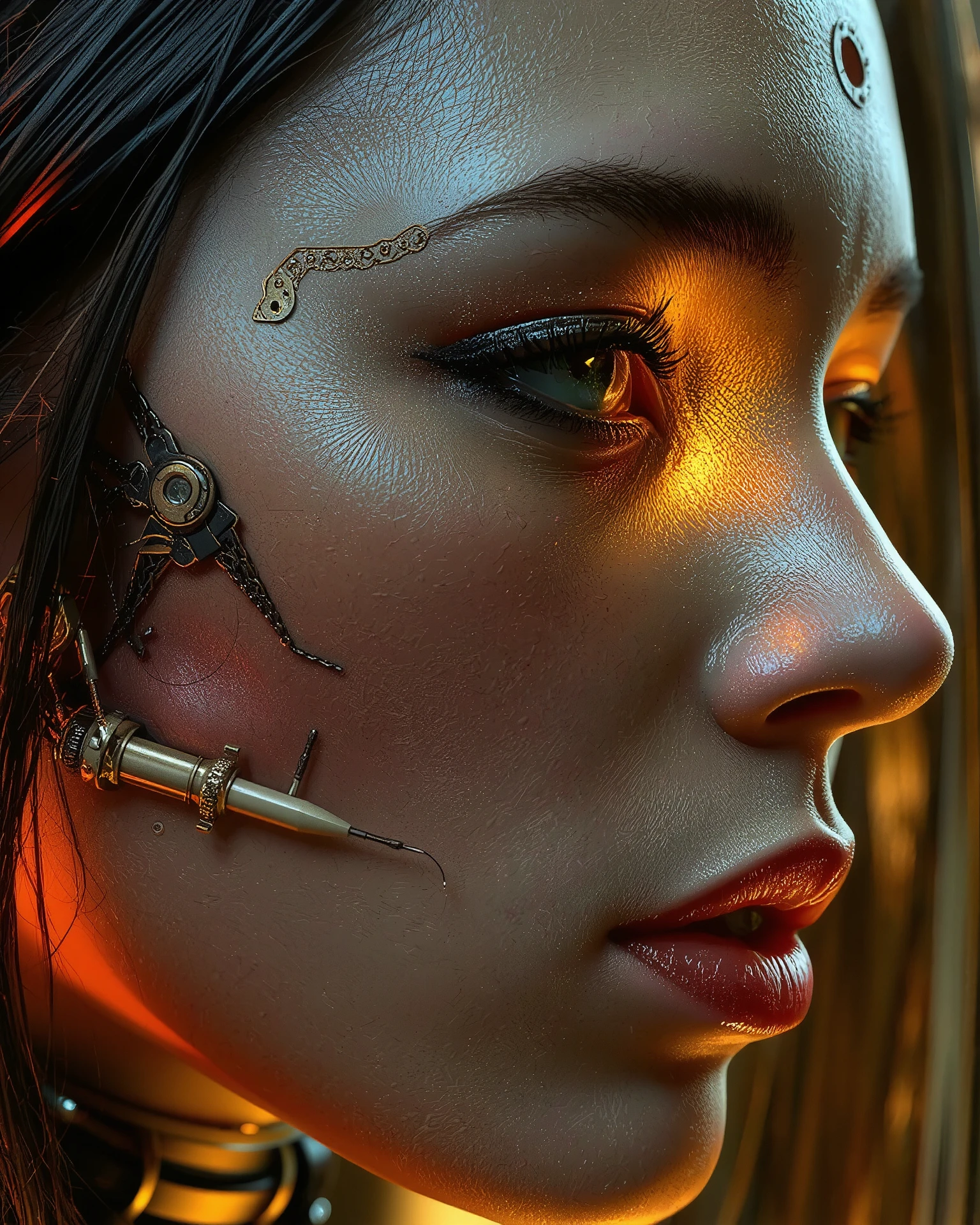 ((A close-up portrait side view look away of a cyberpunk girl with a hyper-realistic biomechanical face)). Detailed human skin texture seamlessly integrated with futuristic mechanical implants . One large gold cybernetic eye with intricate patterns. smooth and reflective metallic details on her face. Lighting is warm and dynamic, highlighting every contour and texture. Futuristic and sci-fi atmosphere, highly detailed and realistic digital art. (Cyberpunk realism, Biomechanical details) (Dynamic lighting with neon highlights) (((glowing circuits, metallic implants))), (((black And gold theme)))