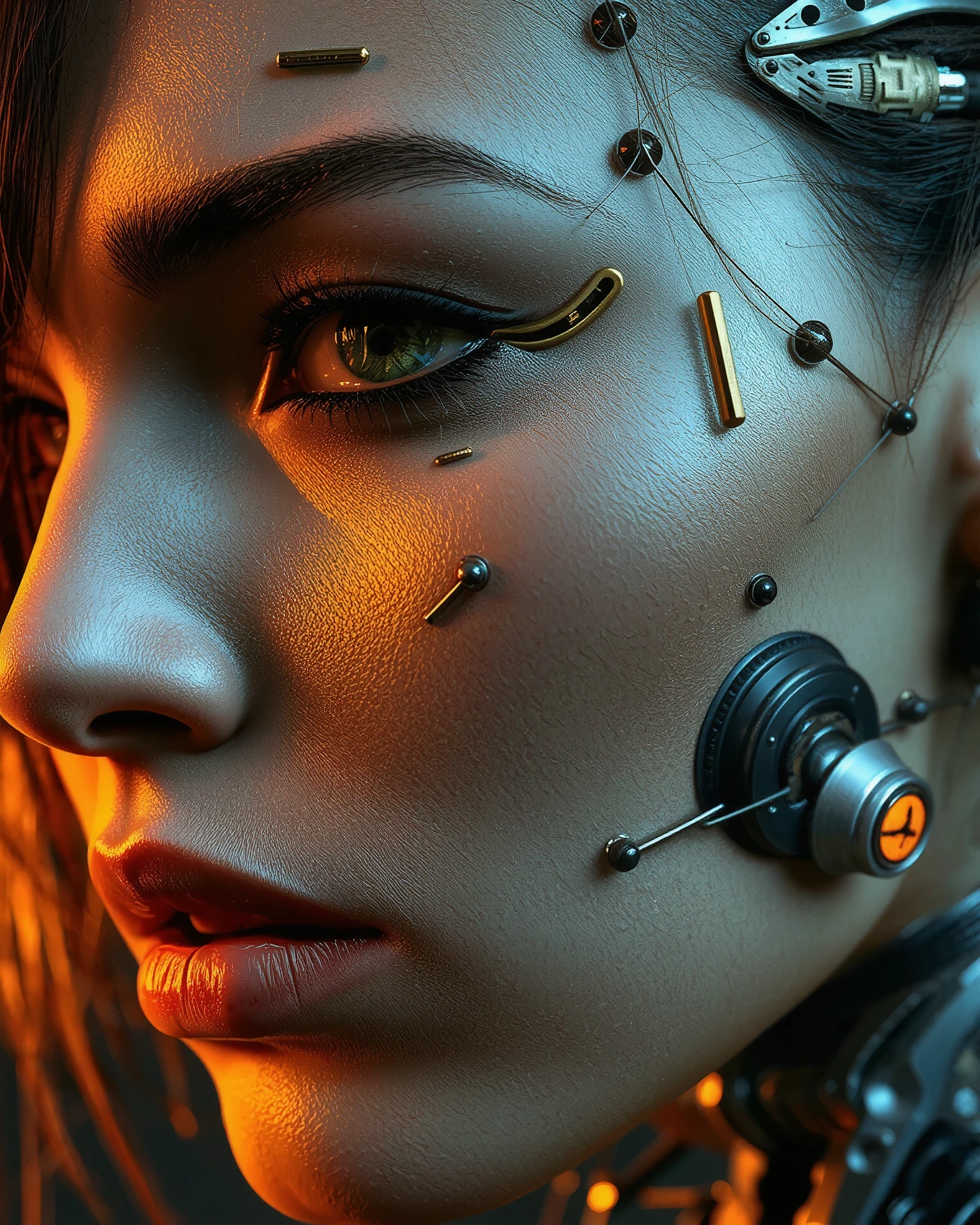 ((A close-up portrait side view look away of a cyberpunk girl with a hyper-realistic biomechanical face)). Detailed human skin texture seamlessly integrated with futuristic mechanical implants . One large gold cybernetic eye with intricate patterns. smooth and reflective metallic details on her face. Lighting is warm and dynamic, highlighting every contour and texture. Futuristic and sci-fi atmosphere, highly detailed and realistic digital art. (Cyberpunk realism, Biomechanical details) (Dynamic lighting with neon highlights) (((glowing circuits, metallic implants))), (((black And gold theme)))