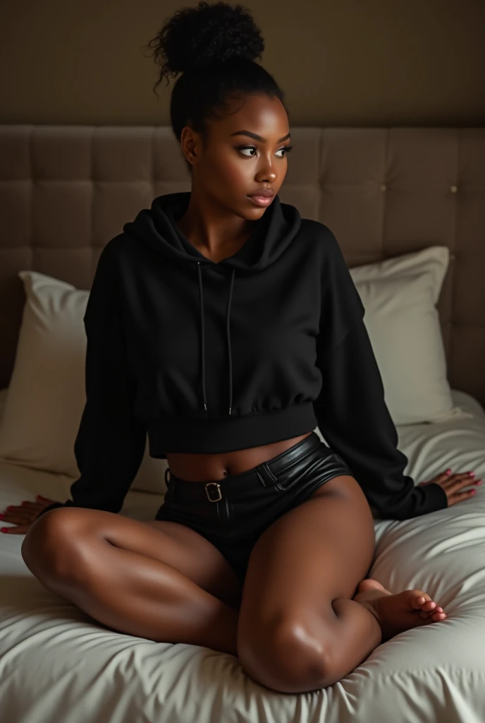 in between the legs of a black woman hair in a bun black hoodie black leather short shorts laying down in the bed very sexaul
