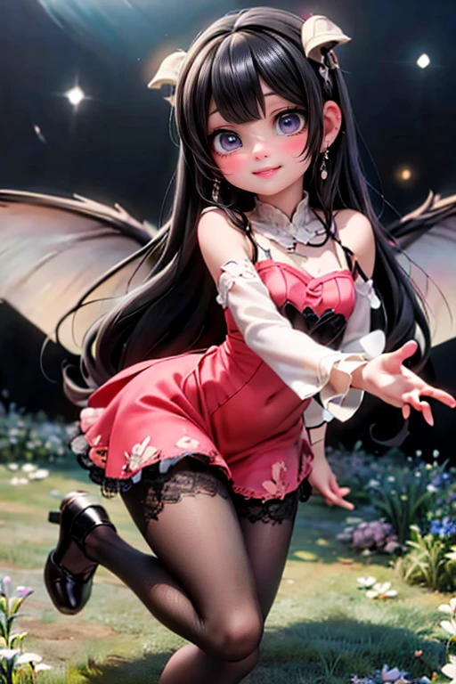(obra-prima), (realista), (melhor qualidade), (ultra-detalhado), Awesome, (Twilight Fairy, olhos negros, asas de renda, intrincado traje de conto de fadas , sapatos com luas, cabelo preto muito longo com fios de meia-noite, cabelo multicolorido, sorriso sonhador)))))), luz cinematografica, unusual angle and pose,)),