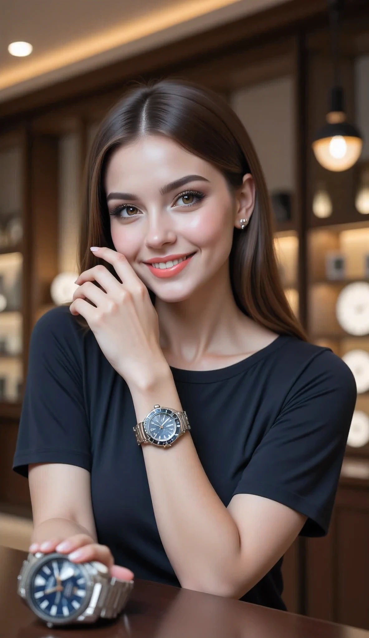 A hyper-realistic image of seductive smiling female model in the modern 21st century era, with a symmetrically balanced composition and a cinematic angle view. The model has a fully lively, lusciously vivacious, and shapely body, and focusing on her hand is wearing a realistic Seiko watch. She is a well-rounded, italic female model, smiling and showing the Seiko watch product on her hand to viewers. The scene is set inside an elegantly designed clock shop, with central leading lines and a UHD ambience. The image has a zoomed-out view, with soft lighting and a wide-angle, full depth of field. The focus is on advertising the Seiko watch product, with the best 3D CG texture. The model has realistic hands with accurately fixed full human finger anatomy, lifelike features, and shiny hair. The image has a MajicMix effect and incorporates more details and body-fix enhancements, with a Far Cry 5 game artwork style.