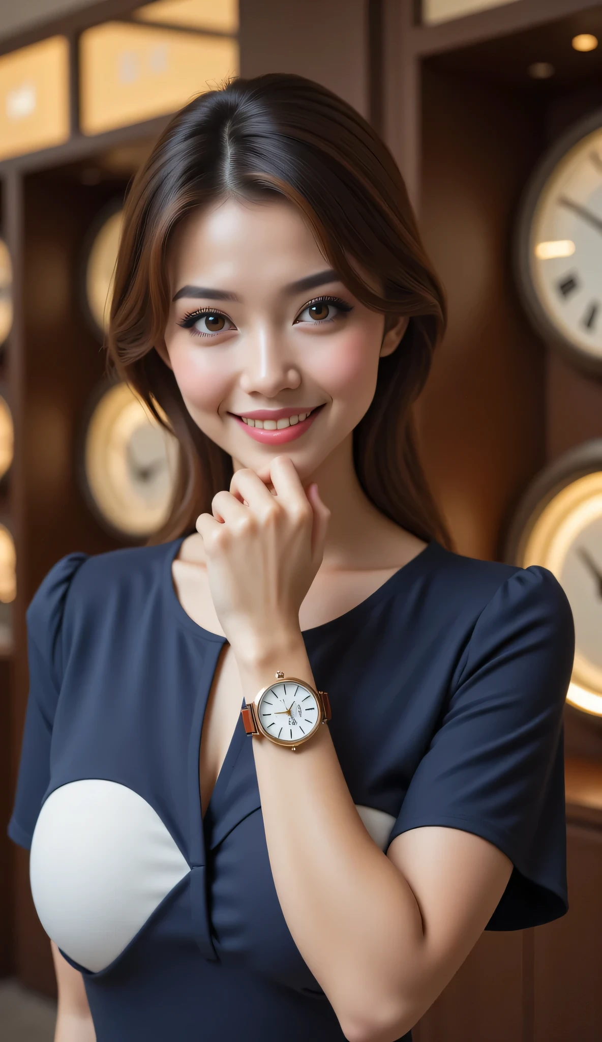 A hyper-realistic image of seductive smiling female model in the modern 21st century era, with a symmetrically balanced composition and a cinematic angle view. The model has a fully lively, lusciously vivacious, and shapely body, and focusing on her hand is wearing a realistic Seiko watch. She is a well-rounded, italic female model, smiling and showing the Seiko watch product on her hand to viewers. The scene is set inside an elegantly designed clock shop, with central leading lines and a UHD ambience. The image has a zoomed-out view, with soft lighting and a wide-angle, full depth of field. The focus is on advertising the Seiko watch product, with the best 3D CG texture. The model has realistic hands with accurately fixed full human finger anatomy, lifelike features, and shiny hair. The image has a MajicMix effect and incorporates more details and body-fix enhancements, with a Far Cry 5 game artwork style.