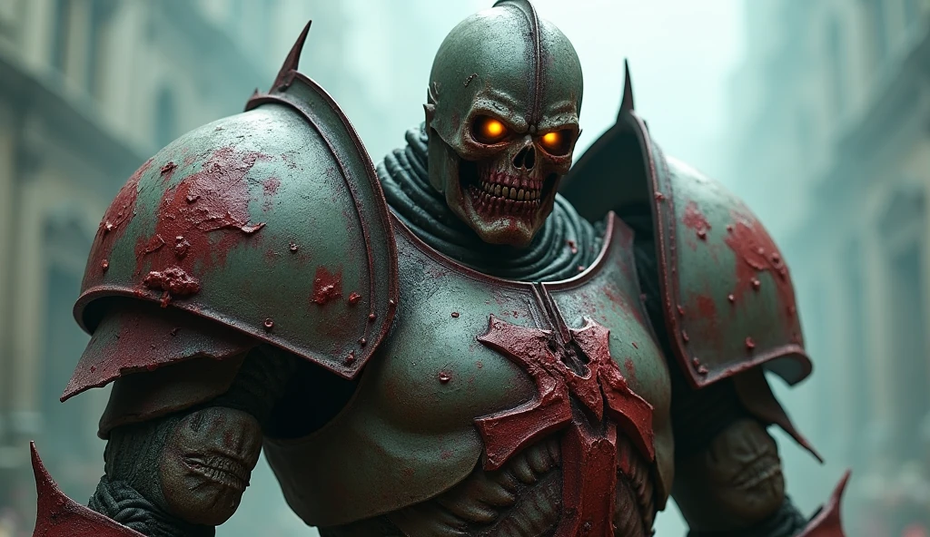 (master piece), 8k, best quality, panoramic view, full body view, undead, attractive zombie with partial, armor, undead with broken armor, only some armor on undead