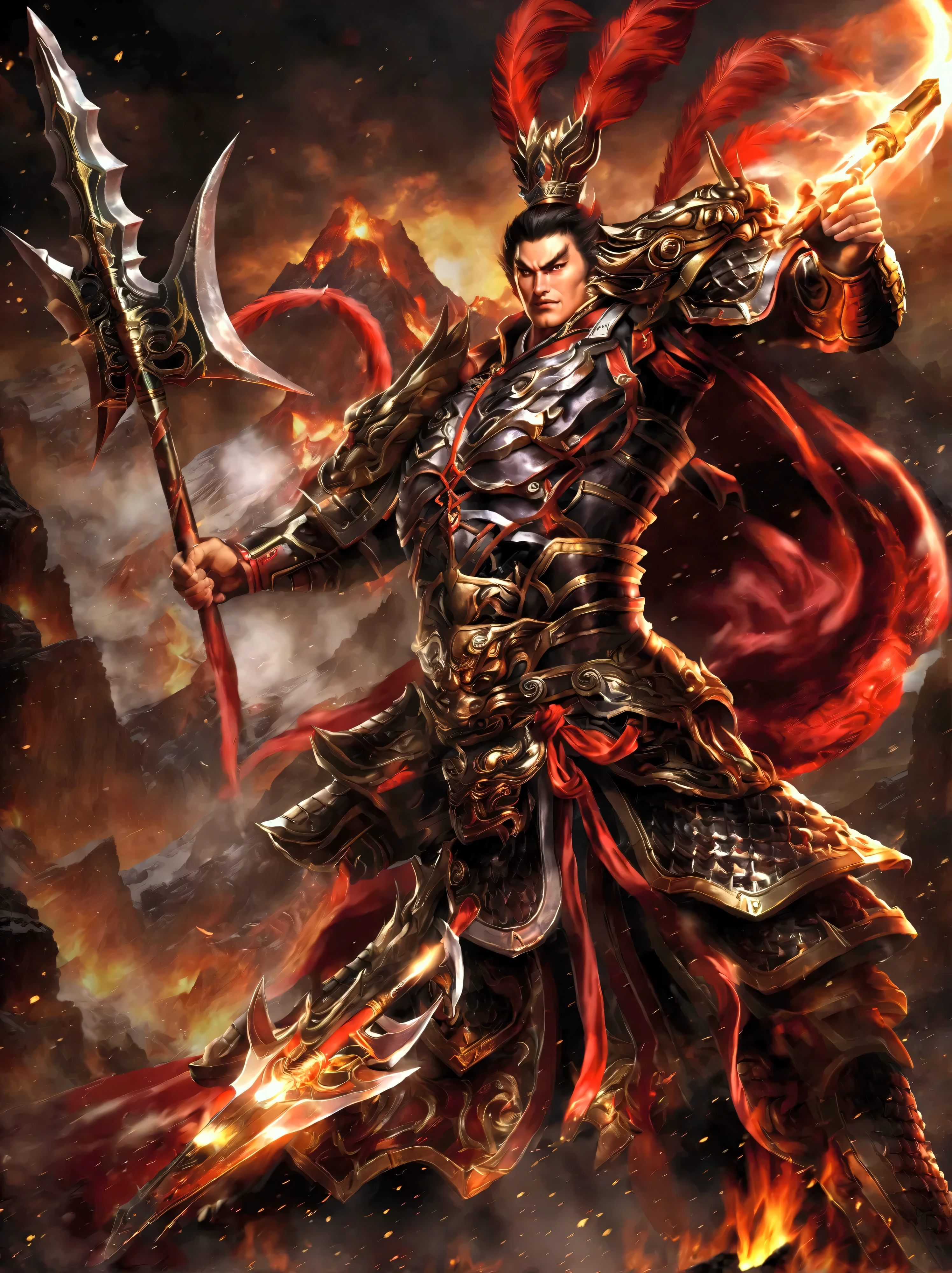 masterpiece,best quality,highly detailed,ultra-detailed, digital artwork, lvbu man, holding sky-piercing halberd, male focus, solo, long shot, full body, black hair,pheasant tail feathers crown, mountain, with beast-face belt, wearing beast-face armor, fire, fighting stance, emdbers, gauntlets, outdoors, red cape, from side