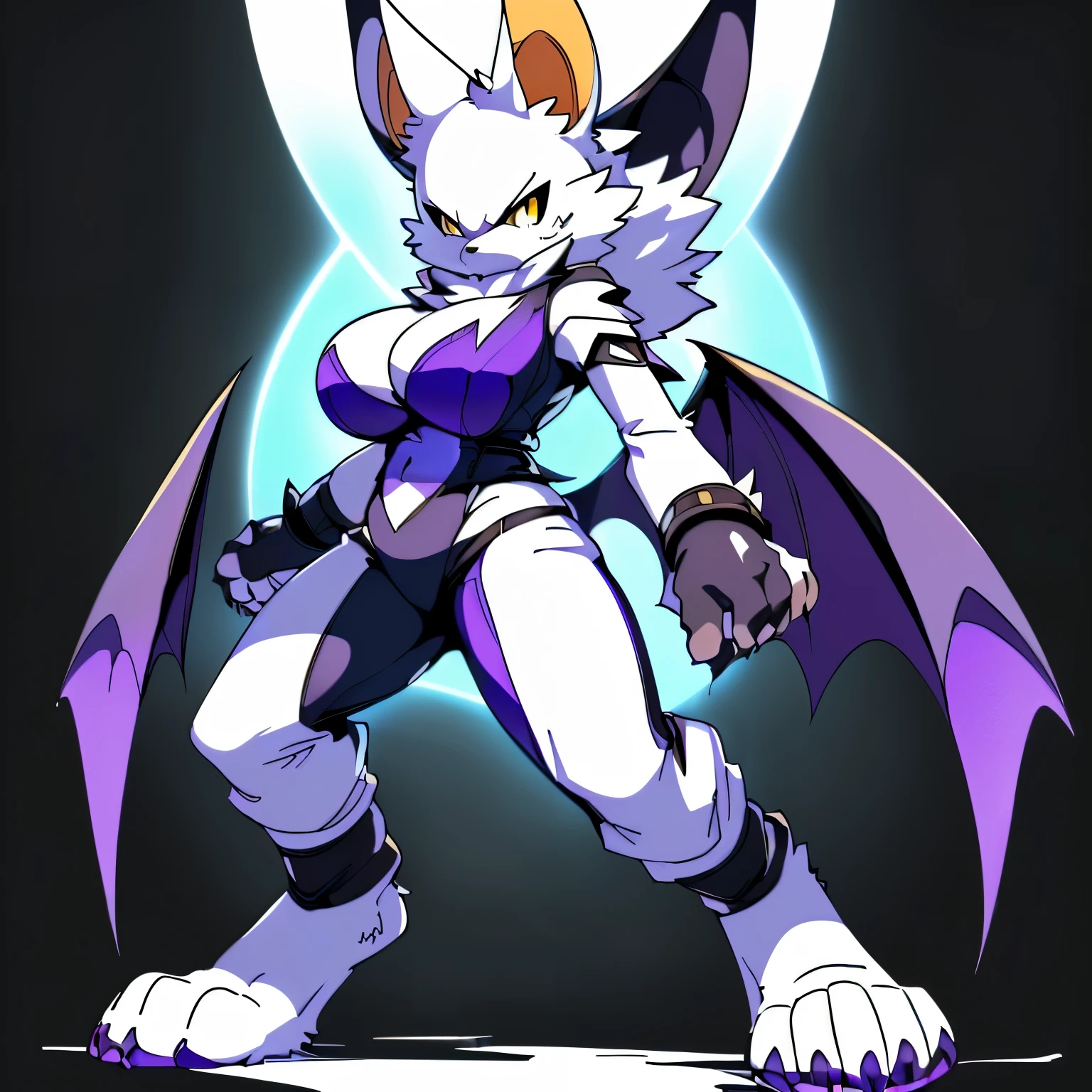 Anime, ((anime style)), ((single person:2)), ((solo drawing:2)), ((solo:2)), ((three quarter view:1.5)), ((full body drawing)), ((plush build)), ((wearing a dark outfit)), ((exposed belly)), ((angry stance)), ((female Anthro bat)), ((Tall with large round breasts)), ((buxom figure)), ((white fur)), ((white bat ears)), ((white face)), ((neutral expression)), vivid yellow eyes, ((digitigrade legs)), highly detailed anime style, clean lines, white face, short white muzzle, white furry cheeks, white furry muzzle, ((white legs)), ((short claws)), ((adult aged)), ((huge bat wings)), ((black and purple bat wings)), ((single pair of wings)), ((white paws)), ((hind paws with 4 toes)), ((digitigrade paws))