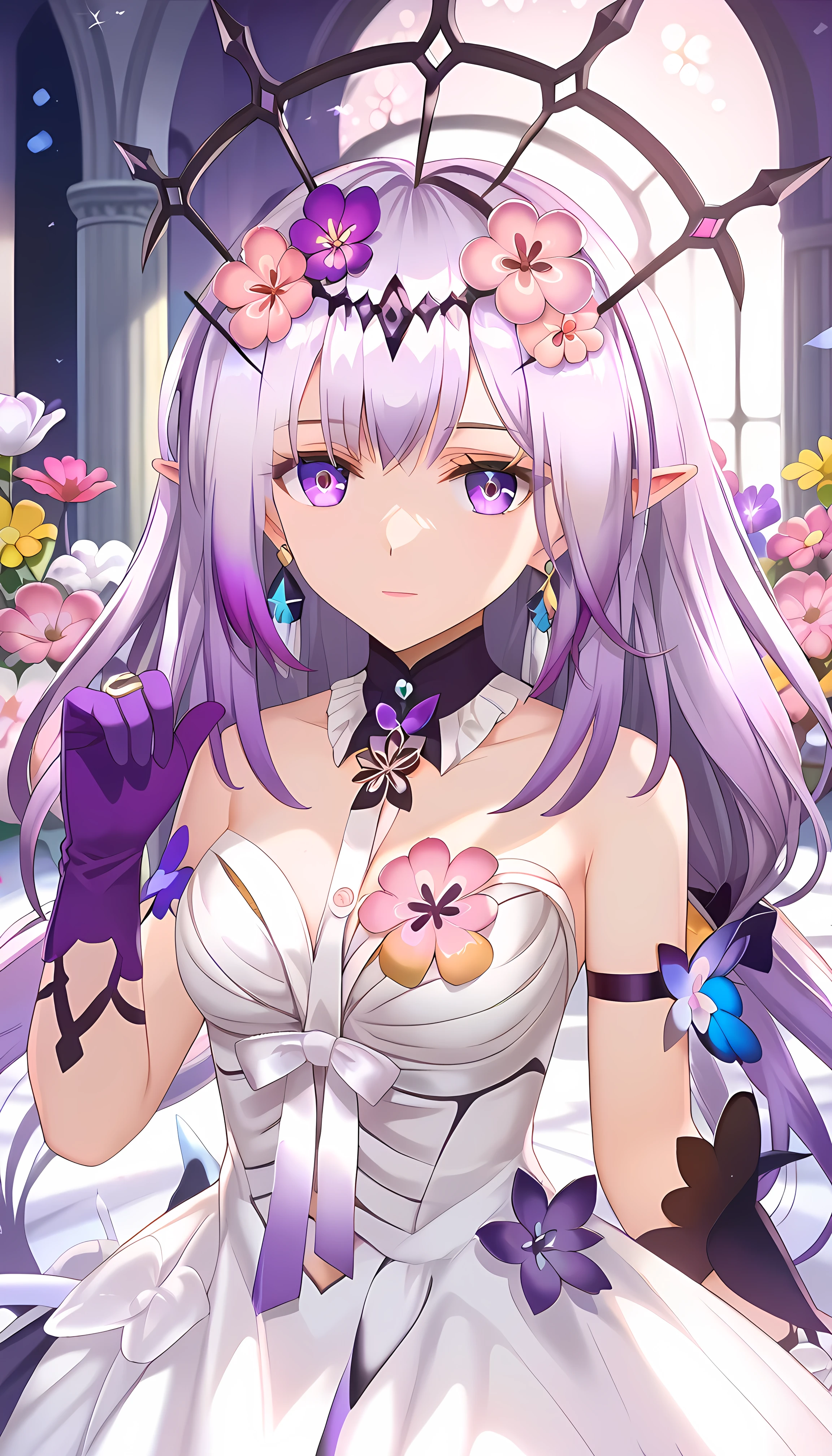 score_9, score_8_ up, score_7_ up BREAK ( best quality ,8k, Masterpiece:1.3), 1 girl, Castrice , Alone, , purple eyes, long hair, purple hair, ( pointy ears, Elf:0.6),( multicolored hair, gradient hair :0.5), dress , Separated Cora Hair , flower, bright p upils, bangs, hair ornament , hair flower, Ibaraki kasenx {x} Ibaraki kasenx, Purple Flower, white dress , Purple gloves, ( single glove :1.3), Long Gloves, earrings, hair ornament , Black Crown, flower, ring, jewelry, shoulder out, small breasts, upper body, viewers, Shiny Eyes , beautiful eyes, enchantment, erotic , shiny skin thighs, sexy, ( high saturation :1.3), Detailed Beautiful Face and Eyes , dynamic lighting ,, masterpiece, best quality , great quality, ray tracing,,Complex and detailed_background