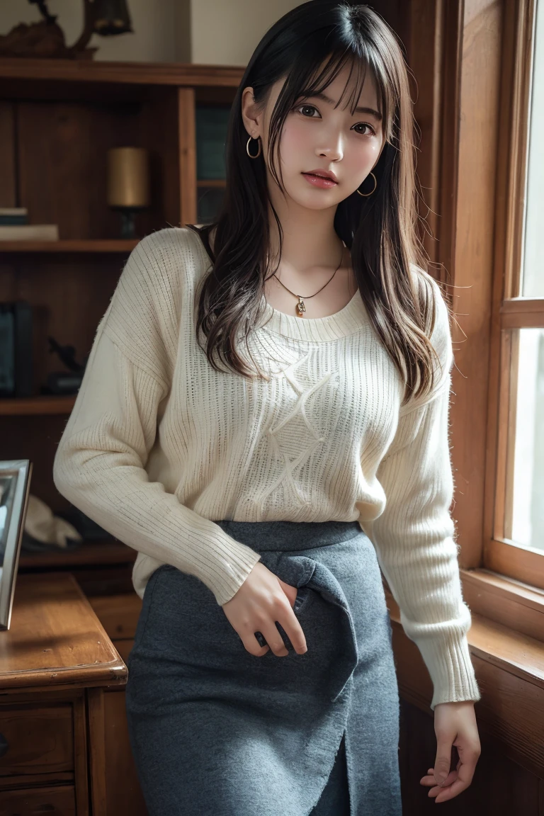 (Highest quality:1.4),(masterpiece:1.4),(Realistic:1.4),(Realistic:1.2),(超High resolution, RAW Photos:1.4),(High resolution, Super detailed:1.2),(8K:1.2),View your audience,Cinematography,One Girl,skeletally correct，Black-haired woman，(Small earrings，necklace，Summer knitwear，View from the front),（Inside the Western-style building，Dimly lit room，The lamplight shines on my cheeks）