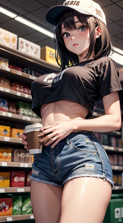 A woman in a tank top and full-zip shorts making salsa sauce at a taco stand　Jeans have belts　Belly button piercing　　There are side slits　Big butt　Detail the buttocks　Detailing the groin area　