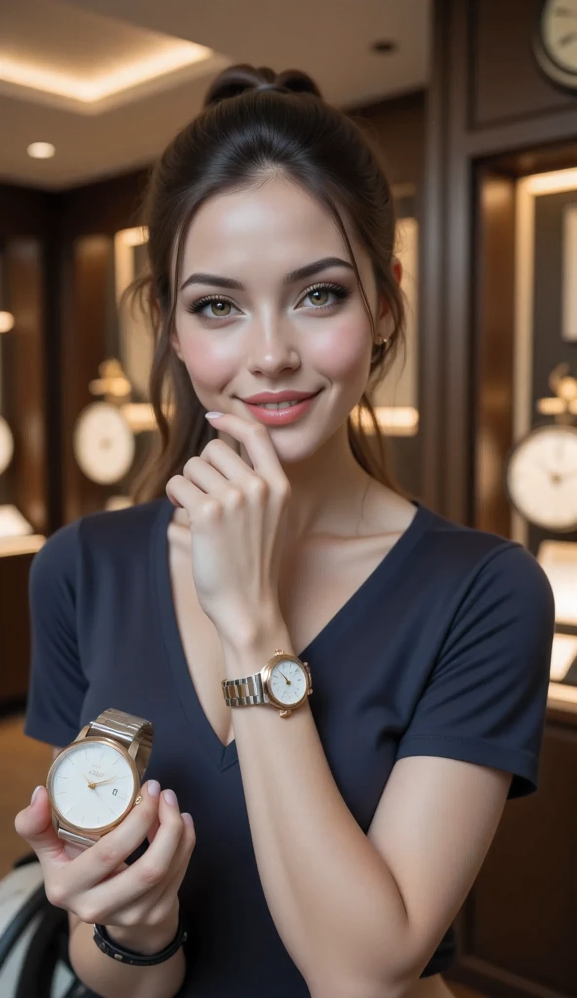 A hyper-realistic image of seductive smiling female model in the modern 21st century era, with a symmetrically balanced composition and a cinematic angle view. The model has a fully lively, lusciously vivacious, and shapely body, and focusing on her hand is wearing a realistic Seiko watch. She is a well-rounded, italic female model, smiling and showing the Seiko watch product on her hand to viewers. The scene is set inside an elegantly designed clock shop, with central leading lines and a UHD ambience. The image has a zoomed-out view, with soft lighting and a wide-angle, full depth of field. The focus is on advertising the Seiko watch product, with the best 3D CG texture. The model has realistic hands with accurately fixed full human finger anatomy, lifelike features, and shiny hair. The image has a MajicMix effect and incorporates more details and body-fix enhancements, with a Far Cry 5 game artwork style.