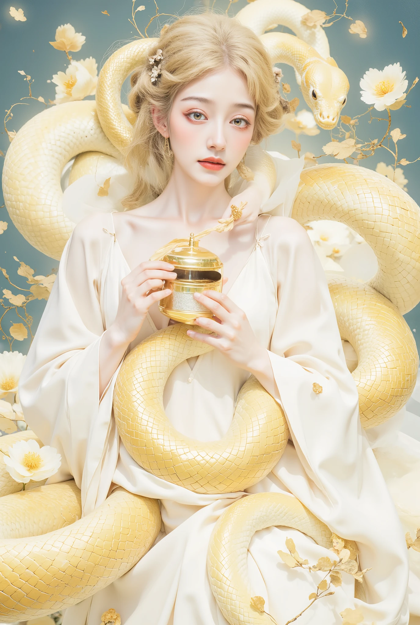 A golden snake wrapped around her body , A woman in a white dress holding a music box, artwork in the style of Gu Weiss, Gu Weiss on pixiv artstation, Gu Weiss on artstation pixiv, Gu Weiss, fantasy art style, Gu Weiss masterpiece, Beautiful Elegant Queen , Beautiful character painting , Detailed digital anime illustration , Blonde Princess, White hair, sky blue eyes , pink lips