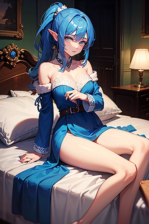 bedroom, (rimuru tempest),  1 girl, rimuru girl, skirt, medium breast, smile face, hand on chest, 1girl, night dress, garter, lying, breast out, blush ceek,