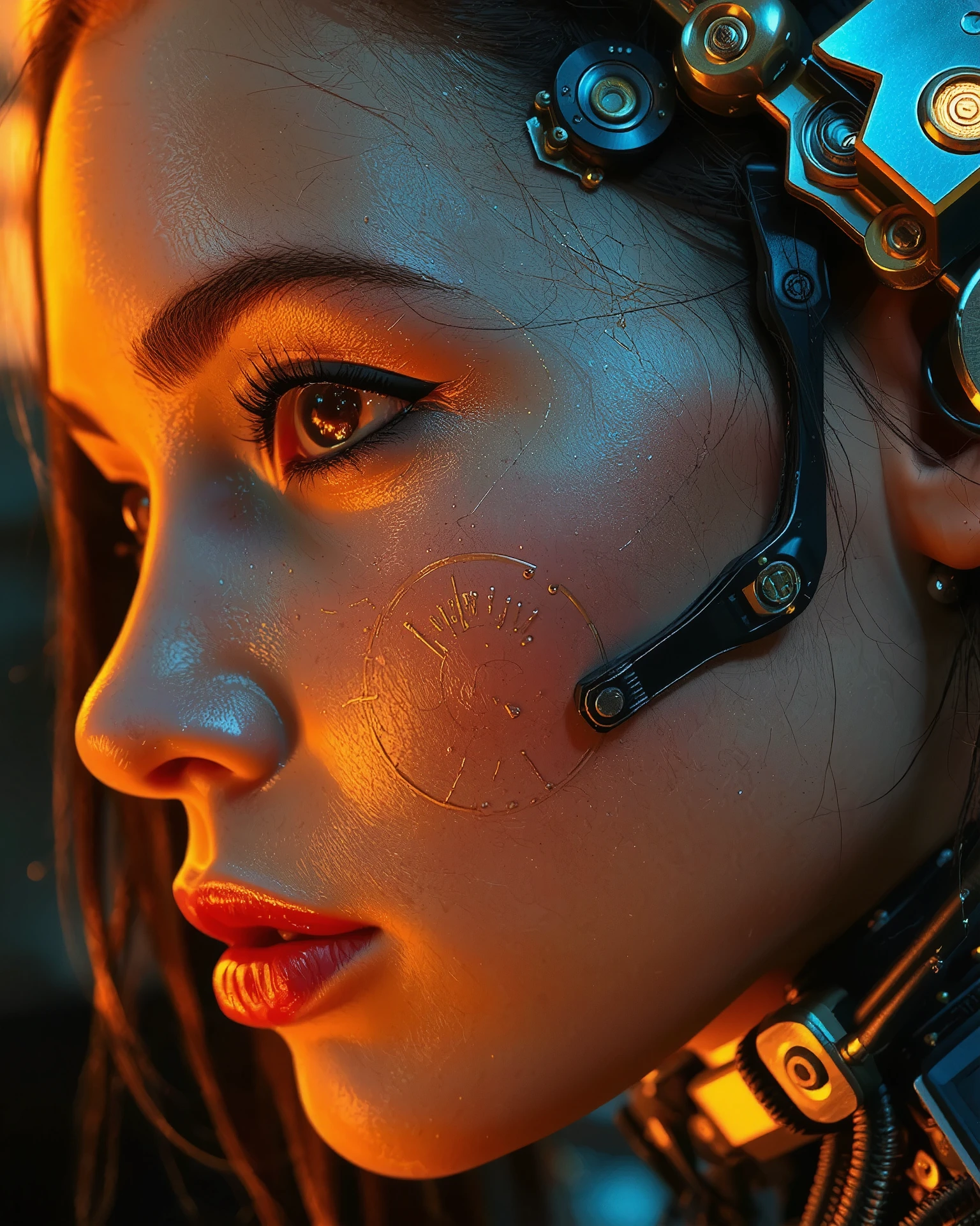 ((A close-up portrait side view look away of a cyberpunk girl with a hyper-realistic biomechanical face)). Detailed human skin texture seamlessly integrated with futuristic mechanical implants . One large gold cybernetic eye with intricate patterns. smooth and reflective metallic details on her face. Lighting is warm and dynamic, highlighting every contour and texture. Futuristic and sci-fi atmosphere, highly detailed and realistic digital art. (Cyberpunk realism, Biomechanical details) (Dynamic lighting with neon highlights) (((glowing circuits, metallic implants))), (((black And gold theme)))