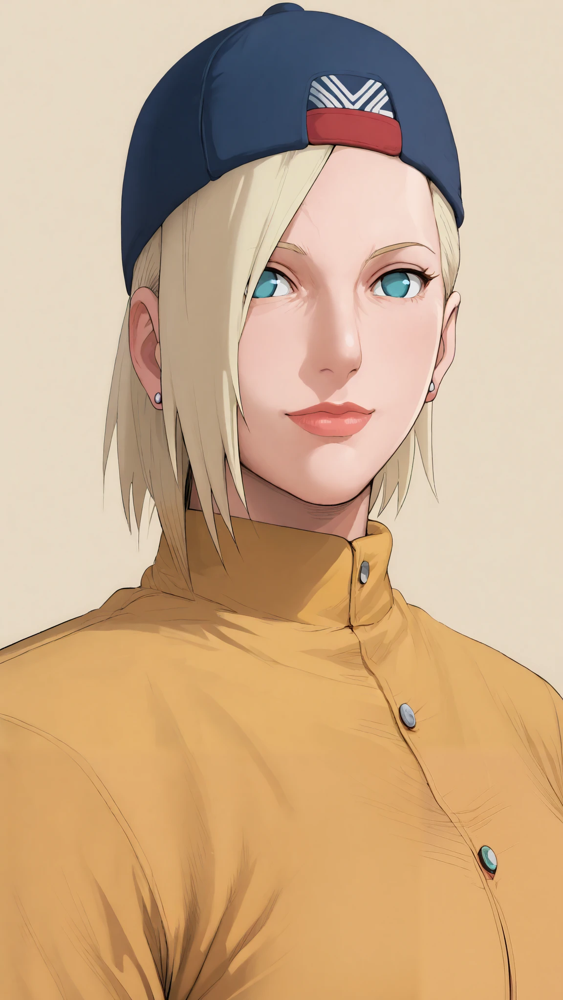 Score_9, Score_8_up, Score_7_up, Score_6_up, Score_5_up, Score_4_up, Source_anime, Tag1, Tag2, Quality_masterpiece, Anatomically correct, Beautiful face, Perfect face, Highly detailed beautiful face and eyes, Attractive face, Detailed face, Delicate facial features, Detailed skin, Huge breasted, Wide hips, Gargantuan butt, Sensual woman, mature female, milf, motherly, nomura_tetsuya Style, masterpiece, best quality, 1girl, Ino_Yamanaka's, Blue aqua eyes, baseball cap, blonde hair, closed mouth, earrings,  background, hat, hoop earrings, jewelry, looking at viewer, shirt, short hair, simple background, solo, Full body, yellow shirt 