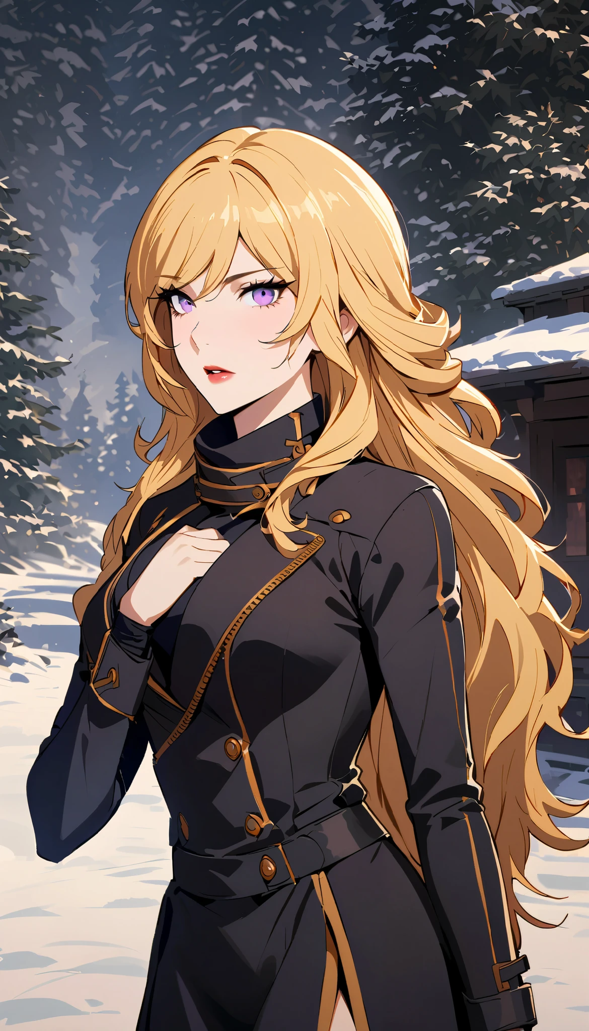 vintage movie, girl, wavy blonde hair, woman body, black top, black bodycon skirt, fur black coat, black boots, strong, sexy. ((winter)), snow, cold yang xiao long from rwby, violet eyes