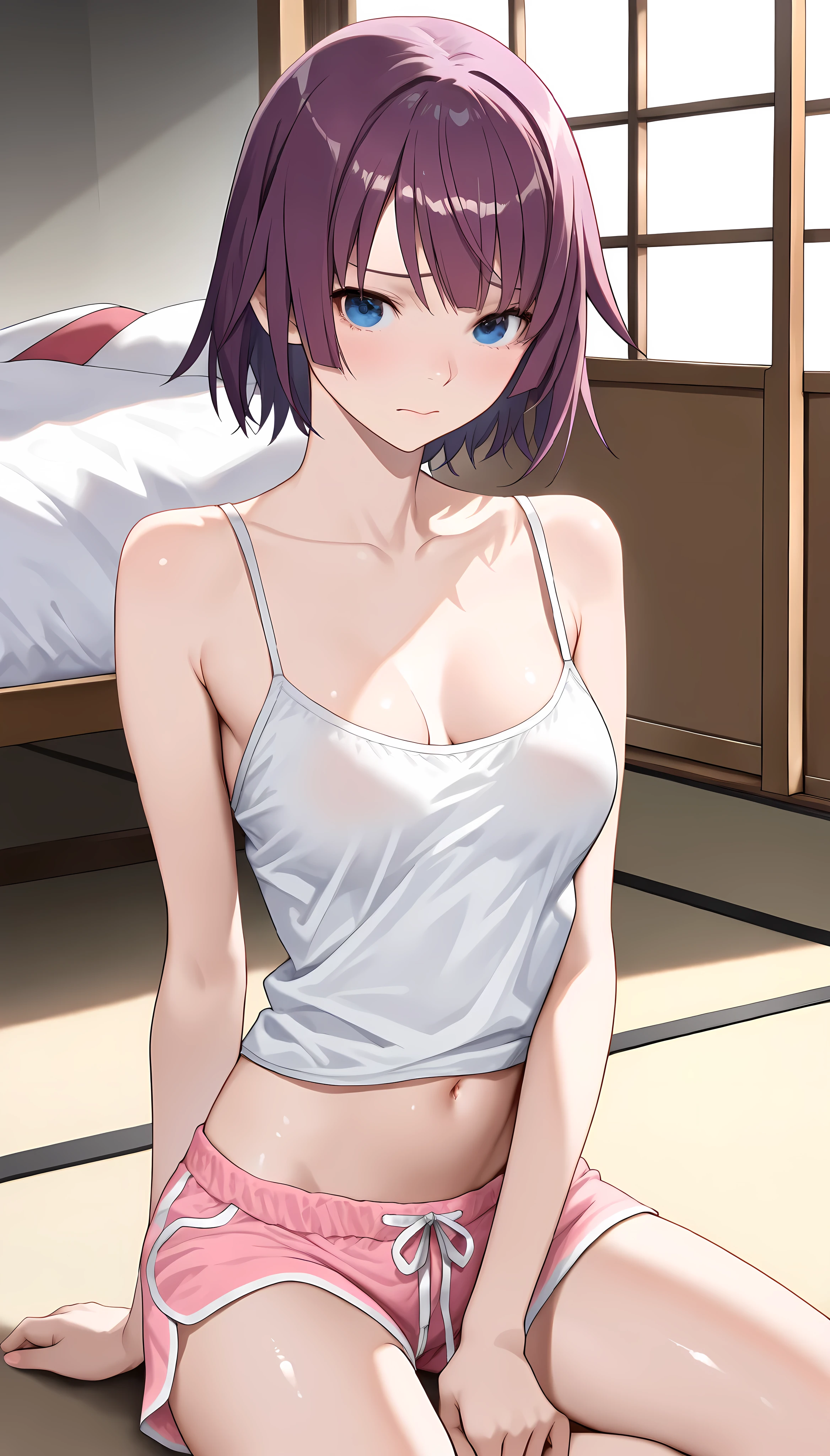 (Highest image quality:1.1)、(masterpiece:1.4)、(Disorganized:1.0)、Portrait、Close-up、1girlMakanaイあり、Makana、bob cut、(red eye:1.5)、redhead、short hair、BREAKBedroom、BREAK while looking at the audience seats、Muscle growth、Medium chest、upper body 、tits、er body is white panties 1vicle、medium breasts、smile、Beleep in bed、sexy pose、blush、Towel o the chest