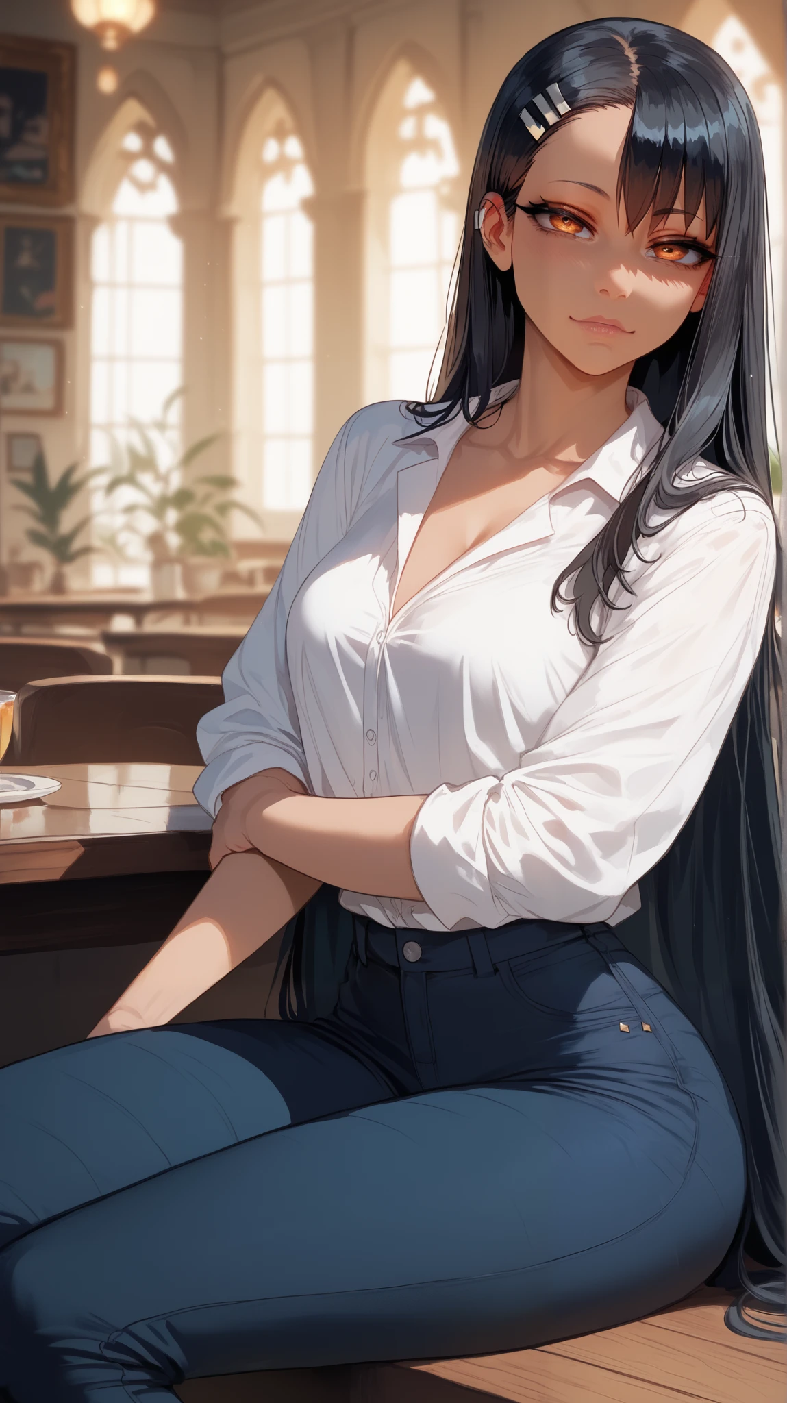 (Confused, High resolution, Very detailed), 1 female, Silver Hair,Long Hair,Reddish brown eyes,shirt,skinny pants,24th generation,beauty,mature,thin,quiet,Calm,talk,sofa,Mug