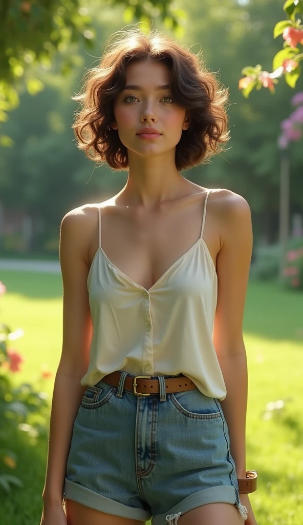 A highly realistic depiction of a stunning young woman with short, curly hair that frames her face elegantly. She has striking, natural-looking blue eyes that shine with vibrant depth and lifelike detail. Her fair skin appears soft and radiant under the sunlight, with subtle, realistic textures and tones. She is dressed casually in a light, summery outfit that fits comfortably yet stylishly, complementing her relaxed and confident presence. She is standing in a lush green park, surrounded by tall trees, colorful flowers, and soft sunlight filtering through the leaves. Her full body is visible, posed naturally as if enjoying a calm and peaceful moment. The scene captures intricate details, like the slight rustle of leaves and the realistic shadows cast by the light, creating an ultra-realistic and immersive atmosphere.