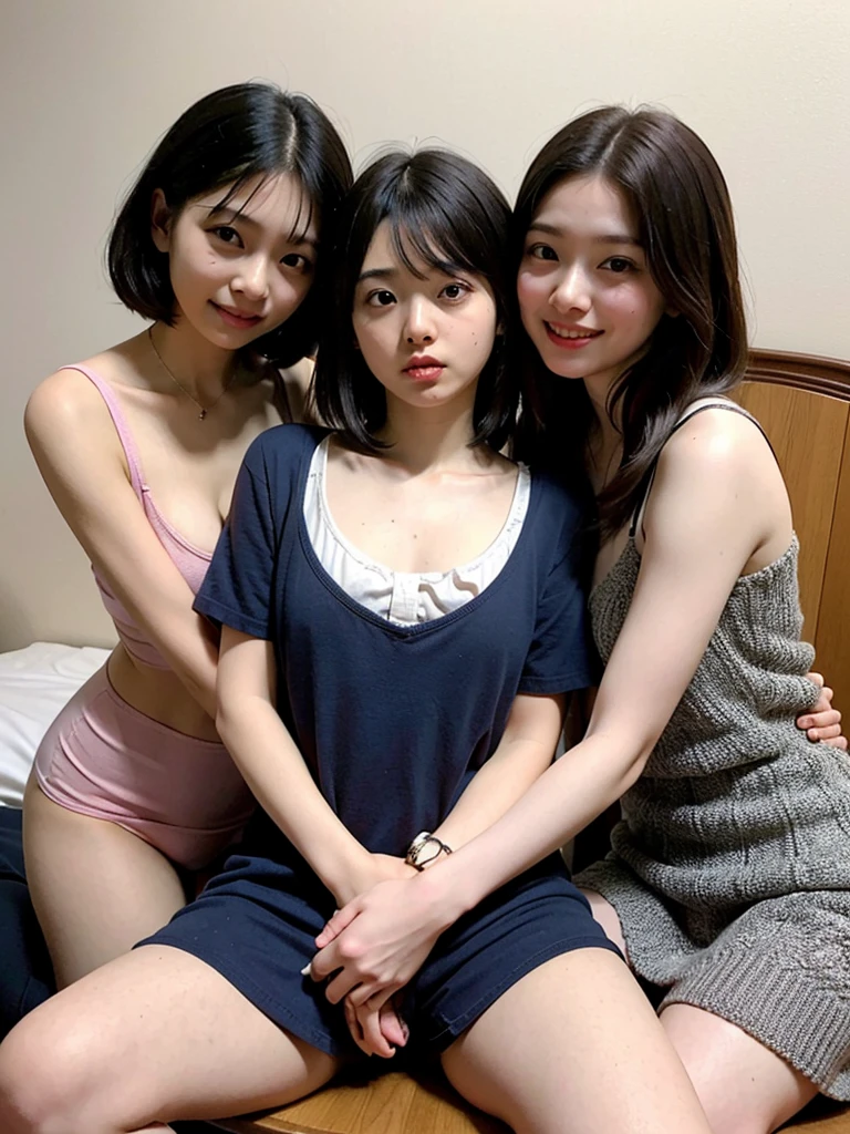 (2girls:1.5), (a detailed full-body RAW photo of a girl), (masutepiece:1.0), (Best Quality:1.4), (超A high resolution:1.2), (Photorealistic:1.4), 8K resolution, Canon EOS R5, 30mm, absurderes, ultra-detailliert, (20yr old), Sharp Focus, Cinematic lighting, Detailed beautiful face, (no-makeup:1.2), (ulzzang -6500-v1.1), petite figure, Detailed skin texture, flat chest, (skinny and fit body:1.6), Detailed brown hair, sweltering,(Very short hair:1.5), (white and blue temnis uniform:1.5), ((Wearing panties)) See-through, realistic glistening skin, (((take off skirt))), (Undressed:1.5), (cotton panties), (Wearing only panties:1.5), (laying down on the bed:1.5), (((Undressing skirt:1.5))), (Full body:1.5), (kissing hard:1.5), (Naked:1.5), ((Sweat:1.5)), ((touch tits)), ((Wet body)), (((suntan and tan line))), ((flat chest))