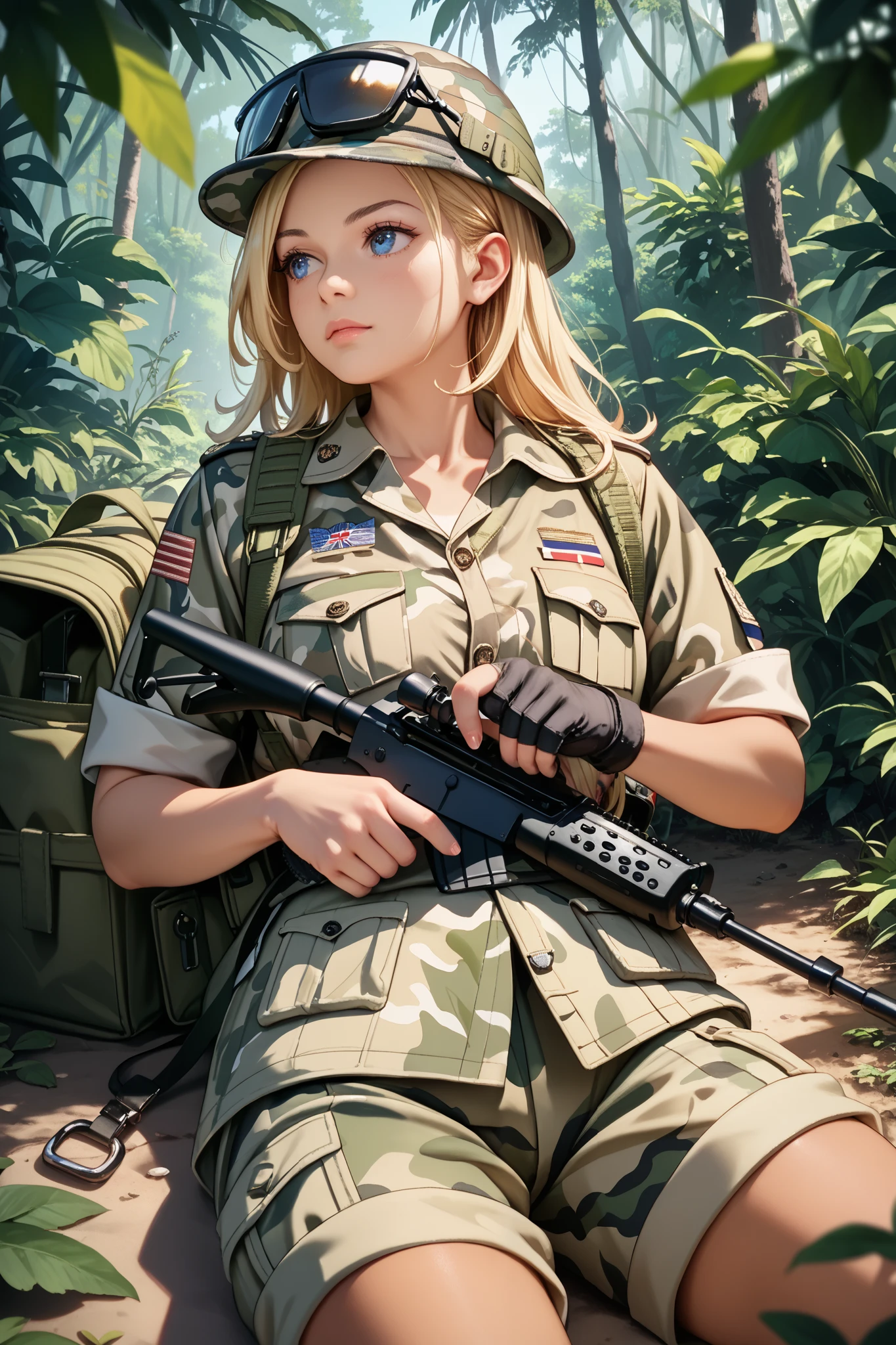 masterpiece, best quality, detailed, 1girl, early , female army officer, blonde hair, blue eyes, camouflage military uniform, camouflage military helmet, large tan color backpack, aiming assault rifle at her front, lying on the ground, looking forward, jungle, from side, realistic, anatomically correct, cowboy shot,