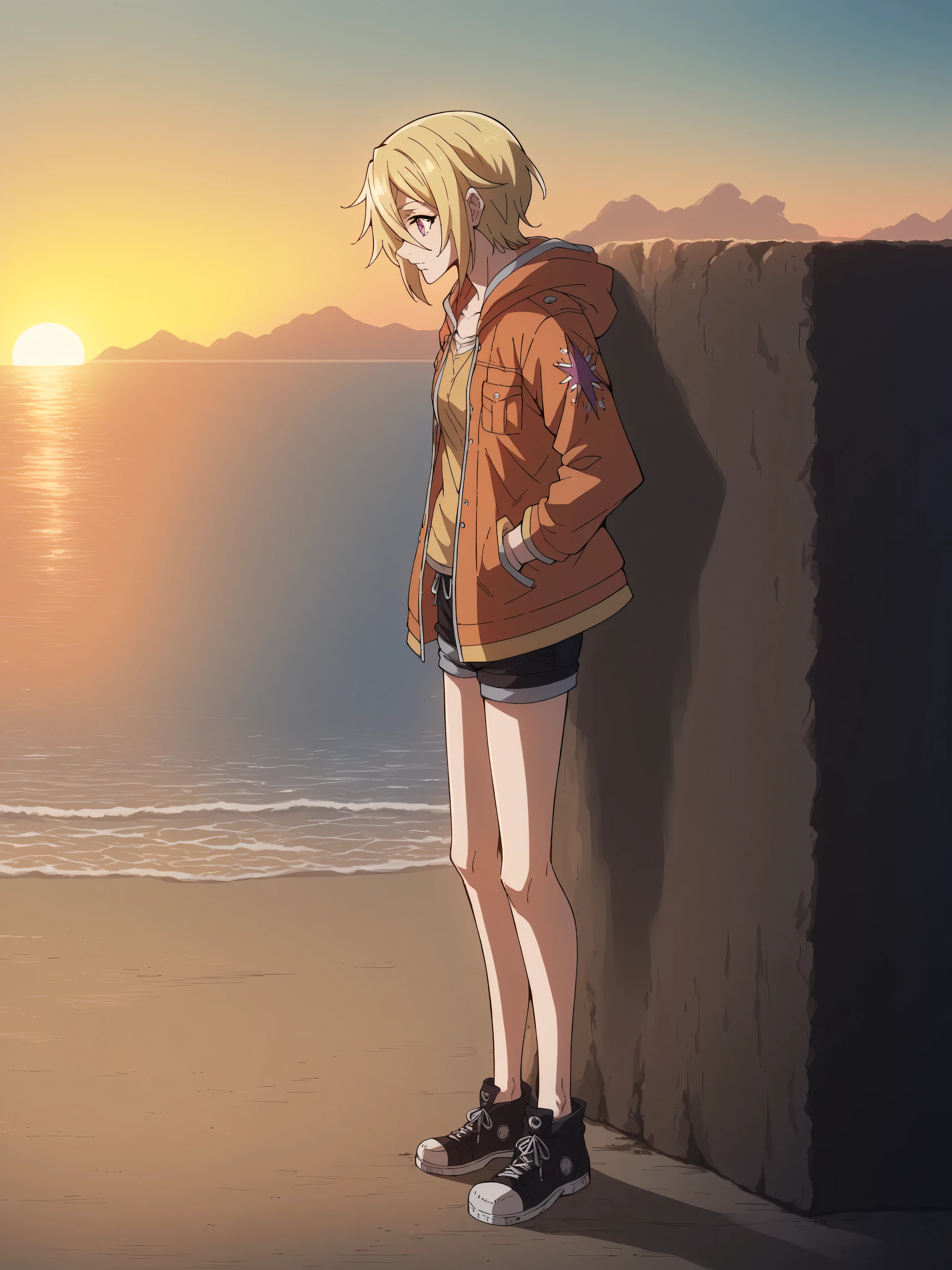 score_9, score_8_up, score_7_up, score_6_up, score_5_up, blonde in profile, 1 girl blonde in profile светло-золотистые волосы до лопаток , bangs on the forehead, hair between eyes , raspberry eyes , dark pink eyes , short warm hooded jacket , short warm shorts , warm tights , high-top black sneakers with laces. hands in pockets . stands on the seashore , Sunset, twilight. sea, looks at the sea, 1 girl, solo, stones, grottoes , boulders, rocks