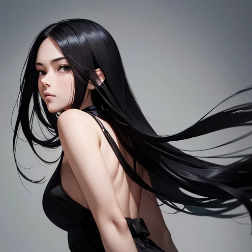 Sure, here is a detailed prompt for the image in English:
---
The image features a young woman with shoulder-length black hair standing against a two-toned background. The background is split vertically with the left side in a deep black and the right side in a light gray. The contrast between these colors creates a striking visual effect that draws the viewer's attention to the central figure.
The woman is positioned in profile, facing to the left. Her eyes are closed, and her expression is calm and serene, suggesting a moment of introspection or meditation. She is dressed in a white garment that appears to be disintegrating or merging with the background in an abstract manner.
From the left side of her body, black liquid-like splashes seem to emerge and blend into the dark background. These black splashes create a dynamic and somewhat chaotic effect, as if she is dissolving into the darkness. On the right side, contrasting white splashes emanate from her body, merging into the light gray background. This side appears more fluid and ethereal, giving a sense of purity and lightness.
The interplay between the black and white elements, combined with the woman's calm demeanor, creates a powerful representation of duality and balance. The abstract splashes add an element of movement and transformation, as if she is caught in the process of changing states or merging with her surroundings.
The overall composition is minimalist yet deeply expressive, utilizing color contrast and abstract forms to convey a sense of inner peace, transformation, and the coexistence of opposites. The image invites viewers to contemplate themes of identity, duality, and the fluid nature of existence.