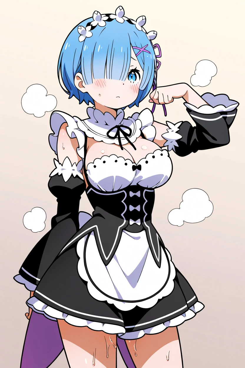 1 girl, rem from re:zero, adult, blue eyes, blue hair, red lipstick, smile warmly, beautiful, blush, cleavage, maid outfit, skirt, white stockings, headband, white stockings, black high heels, pumps, one shoe off, sole