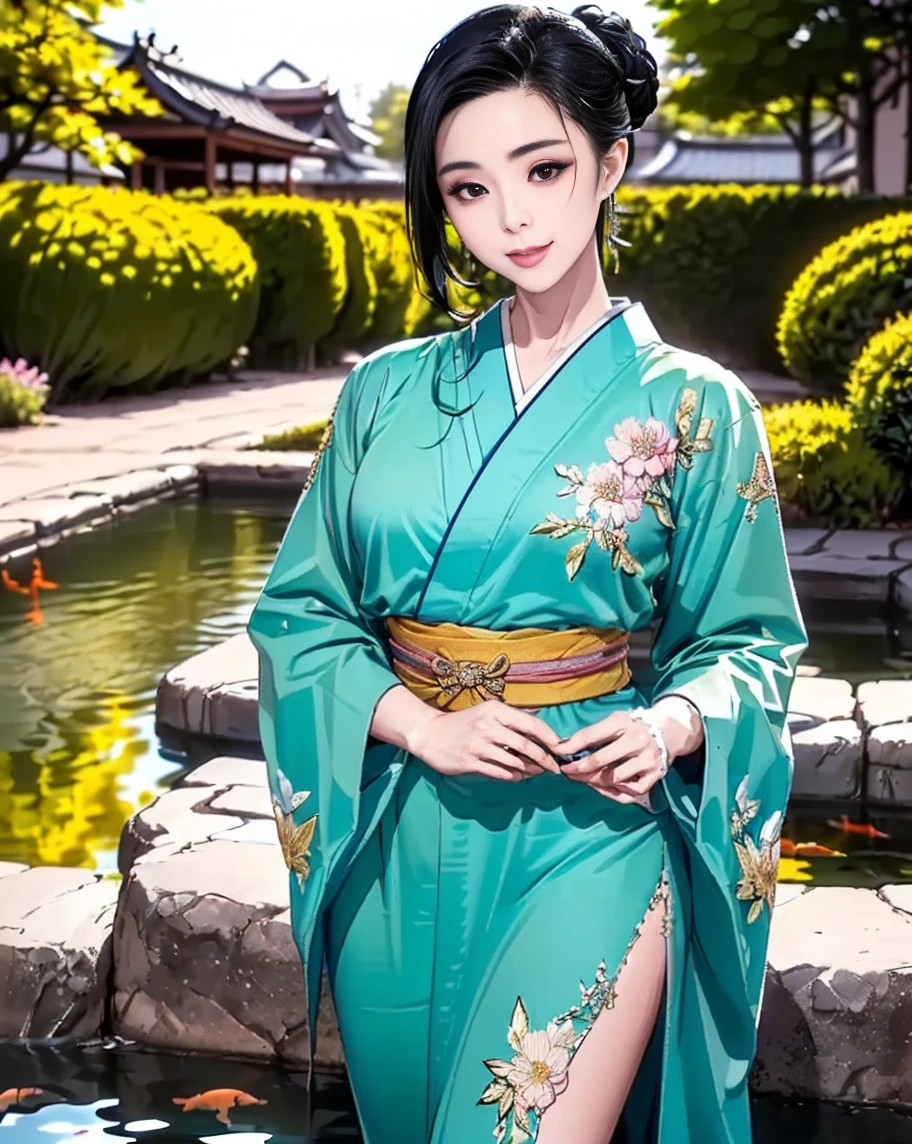 Highest quality, 8ก, very detailed, Virtual image, 1 girl, All in all, Chinese style kimono, green jacket, purple long skirt, blue eyes, a green hair,bare chest, tits, small breasts, sleep, sexy