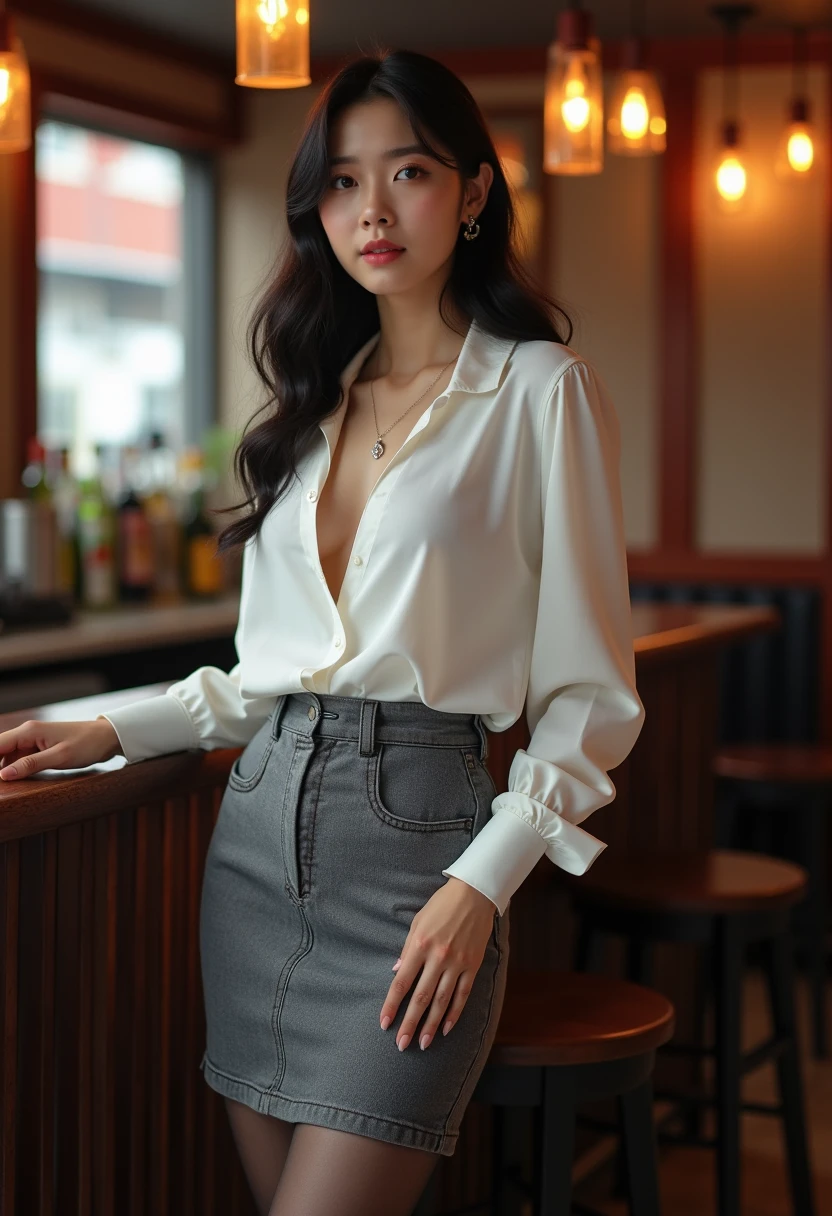 ulzzang-6500-v1.1, (RAW Photos:1.2), (Photorealistic), (See-through:1.3), (Genuine:1.4), 上流階級の魅惑的なwoman、１woman、luxury silk blouse:1.2, (Ultra-realistic pantyhose:1.2), Formal tight skirt、Small luxury lace panties、Pantyhose Focus、Sit at the bar counter、Crossing your legs、Attractive appearance、